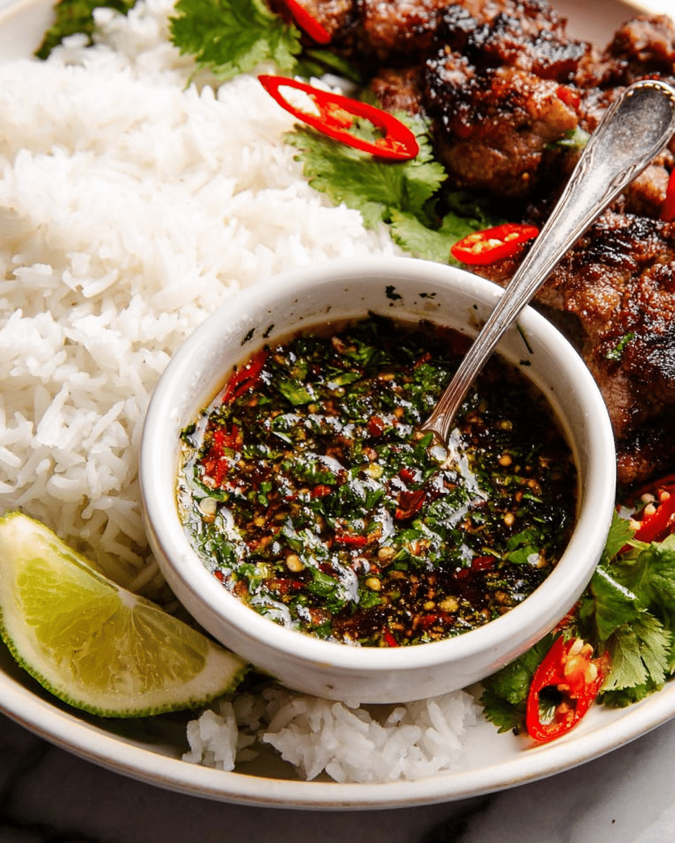 The image shows a white plate with a bed of soft, white rice forming the base layer. On the plate, there is a small white bowl filled with a dark, thin sauce mixed with chopped green herbs and bits of red chili, creating a speckled texture. A shiny metal spoon scoops some of the sauce, resting inside the bowl. Behind the bowl, there are pieces of browned, grilled meat garnished with fresh green cilantro leaves and sliced red chili peppers. A wedge of lime adds a bright green accent on the side. The entire setup sits on a white marbled surface. photo taken with an iphone --ar 4:5 --v 7