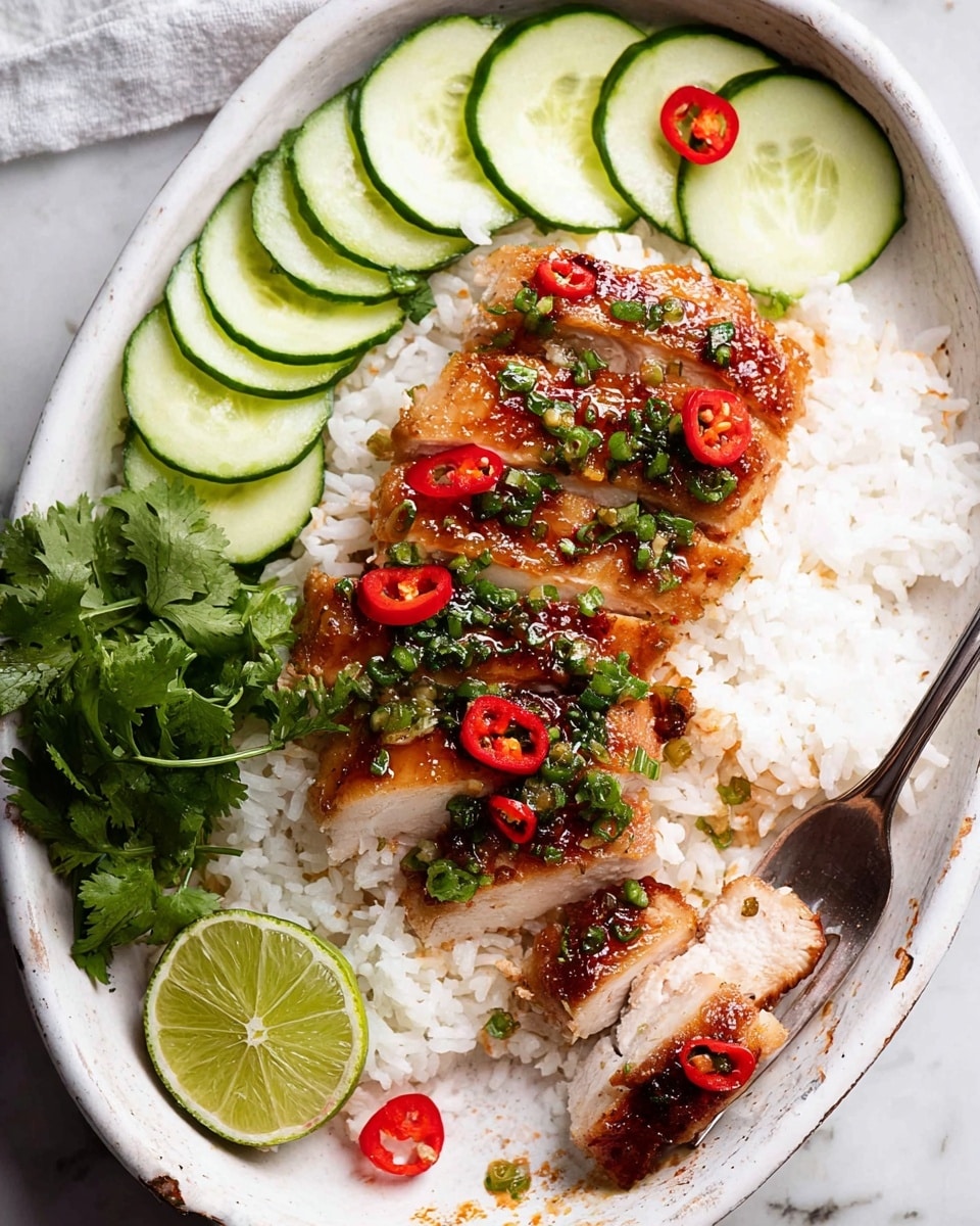 A white oval plate is set on a white marbled surface, filled with three layers: the bottom layer is fluffy white rice spread evenly across the plate, on top of it lie several slices of grilled chicken with a caramelized brown crust, each slice topped with a mixture of chopped green herbs and evenly scattered red chili slices. To the left of the chicken, a small pile of fresh green cilantro leaves peeks out. Above the rice and chicken, thinly sliced cucumber rounds are arranged in a neat row, their pale green skin and translucent centers visible. Two lime wedges with bright green flesh and a single red chili slice rest on the rice near the bottom and top right edge of the plate, while a silver fork lightly holds one piece of chicken on the right side. The whole scene is bright, fresh, and inviting. photo taken with an iphone --ar 4:5 --v 7