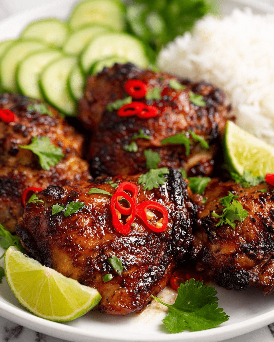 A white plate holds several pieces of grilled chicken thighs with a shiny, slightly charred dark brown surface, garnished with small slices of red chili and fresh green cilantro leaves scattered on top. Around the chicken pieces, there are fresh lime wedges with a bright green skin and light green flesh. In the background, there is a serving of white rice and sliced cucumbers with a light green color. The whole dish is placed on a white marbled surface. photo taken with an iphone --ar 4:5 --v 7