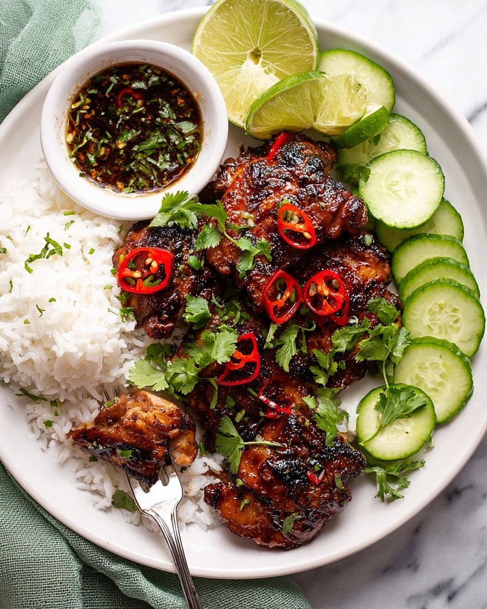A white plate holds a meal with several layers, starting with a base of white rice on the left side. On top of and around the rice, there are several pieces of dark brown grilled chicken, glazed and slightly charred with visible grill marks, sprinkled with red chili slices and fresh green cilantro leaves. Lime wedges are placed around the chicken for garnish. At the top right side of the plate, there is a row of thinly sliced cucumber rounds. A small white bowl of dark dipping sauce with herbs sits on the left edge of the plate, a silver fork dipping into it with a piece of chicken. The plate is set on a white marbled surface with a soft green cloth visible near the bottom left corner. Photo taken with an iphone --ar 4:5 --v 7