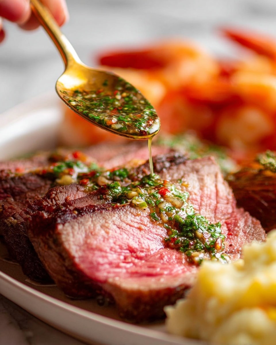 The image shows thin slices of medium-rare steak with a pink center and a slightly seared brown crust on a white plate. A golden spoon held by a woman's hand drizzles a green herb sauce with red chili flakes over the steak. Behind the steak, there are blurred reddish-orange cooked shrimp and a small portion of mashed potatoes in the front. The whole scene is set on a white marbled surface. photo taken with an iphone --ar 4:5 --v 7