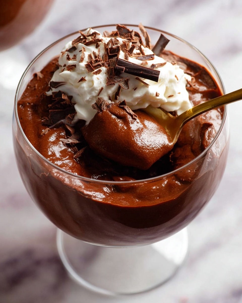 A clear glass holds a rich, smooth, dark chocolate mousse with a thick and creamy texture filling almost the entire glass. On top, there is a dollop of white whipped cream that looks light and fluffy. Dark chocolate shavings are scattered over the whipped cream, adding texture and contrast. A gold spoon is scooping some of the mousse, showing its dense and velvety consistency. The glass is placed on a white marbled surface. Photo taken with an iphone --ar 4:5 --v 7