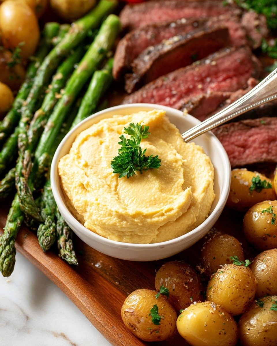 The image shows a white bowl filled with creamy, light yellow hummus topped with a small green parsley leaf. A silver spoon rests inside the bowl. Around the bowl, there are roasted baby potatoes with golden-brown skins, green asparagus spears seasoned with salt, and slices of medium-rare steak with a pink center and browned edges. All items are placed on a wooden board, set on a white marbled surface. photo taken with an iphone --ar 4:5 --v 7