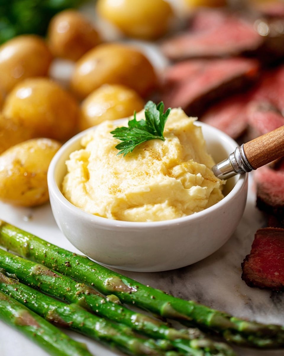 The image shows a white small bowl filled with creamy, pale yellow mashed potatoes topped with a small green parsley leaf. A silver spoon with a wooden handle rests in the bowl. In the foreground, bright green asparagus spears with a light sprinkle of seasoning lie horizontally. Behind the bowl, there are small round golden potatoes and slices of cooked meat with a reddish-pink center and brown edges. The entire scene is set on a white marbled surface. photo taken with an iphone --ar 4:5 --v 7