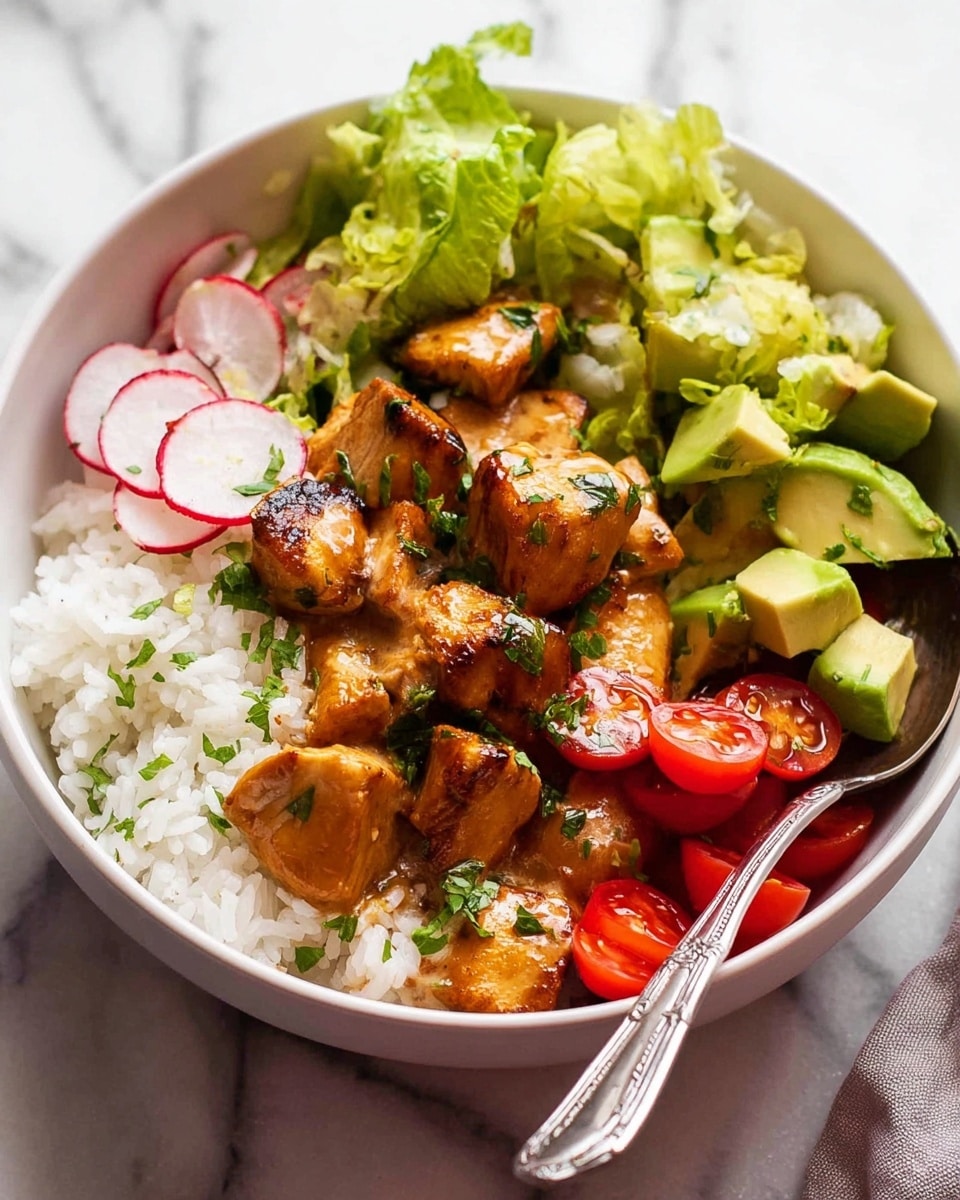 A white bowl filled with a base layer of white rice topped with medium-sized grilled chicken cubes glazed with a light brown sauce and sprinkled with chopped green herbs, placed mostly on one side; next to the chicken are chopped fresh green lettuce leaves and sliced red radishes, adding a mix of textures and colors. On another side, there are diced green avocado chunks and halved small red cherry tomatoes, all resting on the rice base, creating a colorful and fresh look. A silver spoon is partially inside the bowl. The bowl sits on a white marbled surface. Photo taken with an iphone --ar 4:5 --v 7