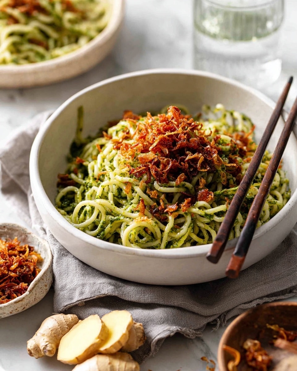 A white bowl filled with spiral noodles coated in a green sauce, topped with a layer of red chili sauce and crispy fried shallots in a brownish-orange color. The noodles are thick and lightly twisted, with dark brown chopsticks resting on the right side of the bowl, partially inside the noodles. This bowl sits on a light gray cloth over another white dish, placed on a white marbled surface. Around the bowl are slices of fresh ginger root and a small white dish with more crispy fried shallots. In the background, a blurred white bowl also filled with noodles and green sauce, and a clear glass of water are visible. Photo taken with an iphone --ar 4:5 --v 7