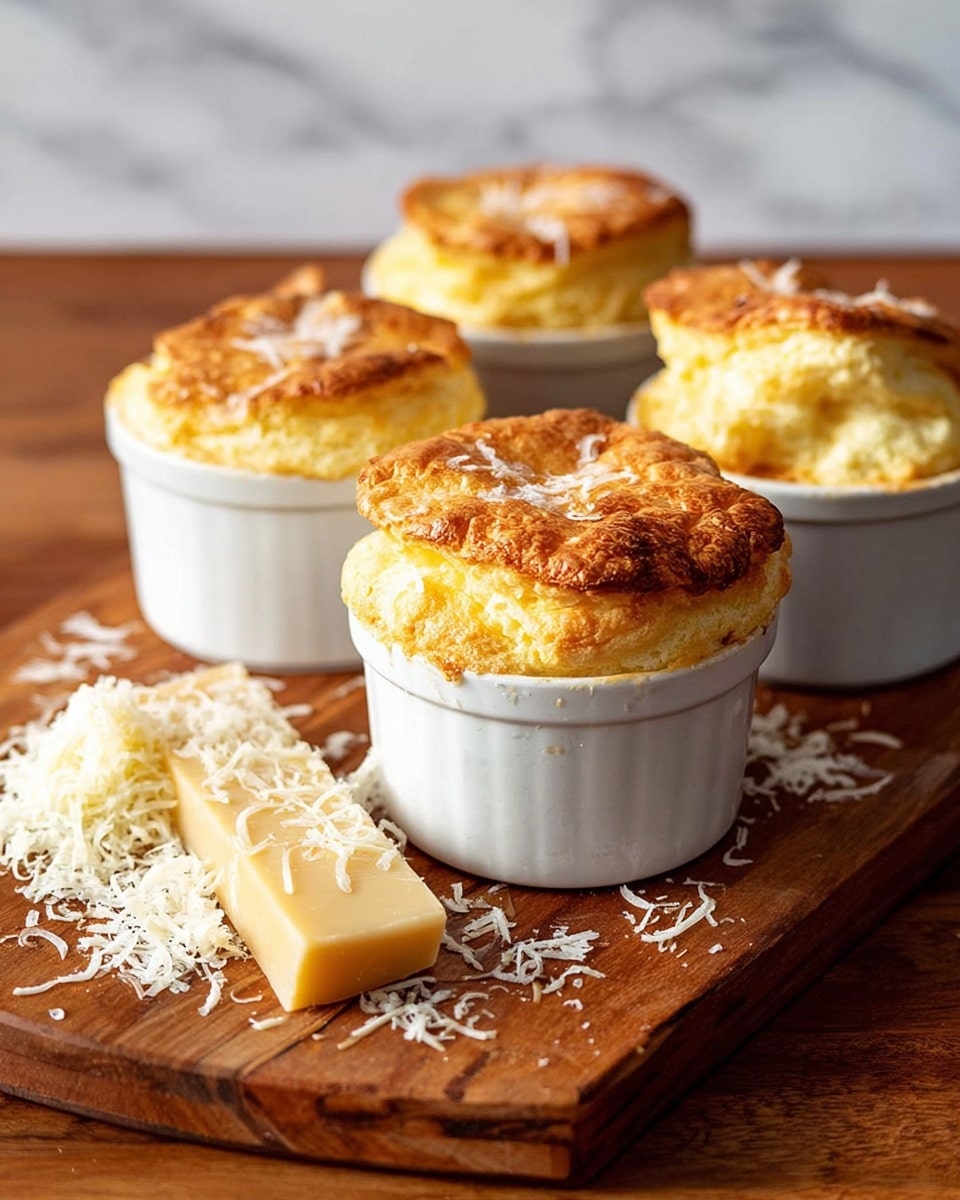 The image shows four golden-brown soufflés in white ramekins arranged on a wooden board. Each soufflé has a fluffy, risen top with a warm, slightly crispy texture, and the soufflés are sprinkled with some grated cheese. There is a piece of cheese on the wooden board, surrounded by scattered cheese shreds. The background is a simple wooden tone and the surface is a white marbled texture. photo taken with an iphone --ar 4:5 --v 7