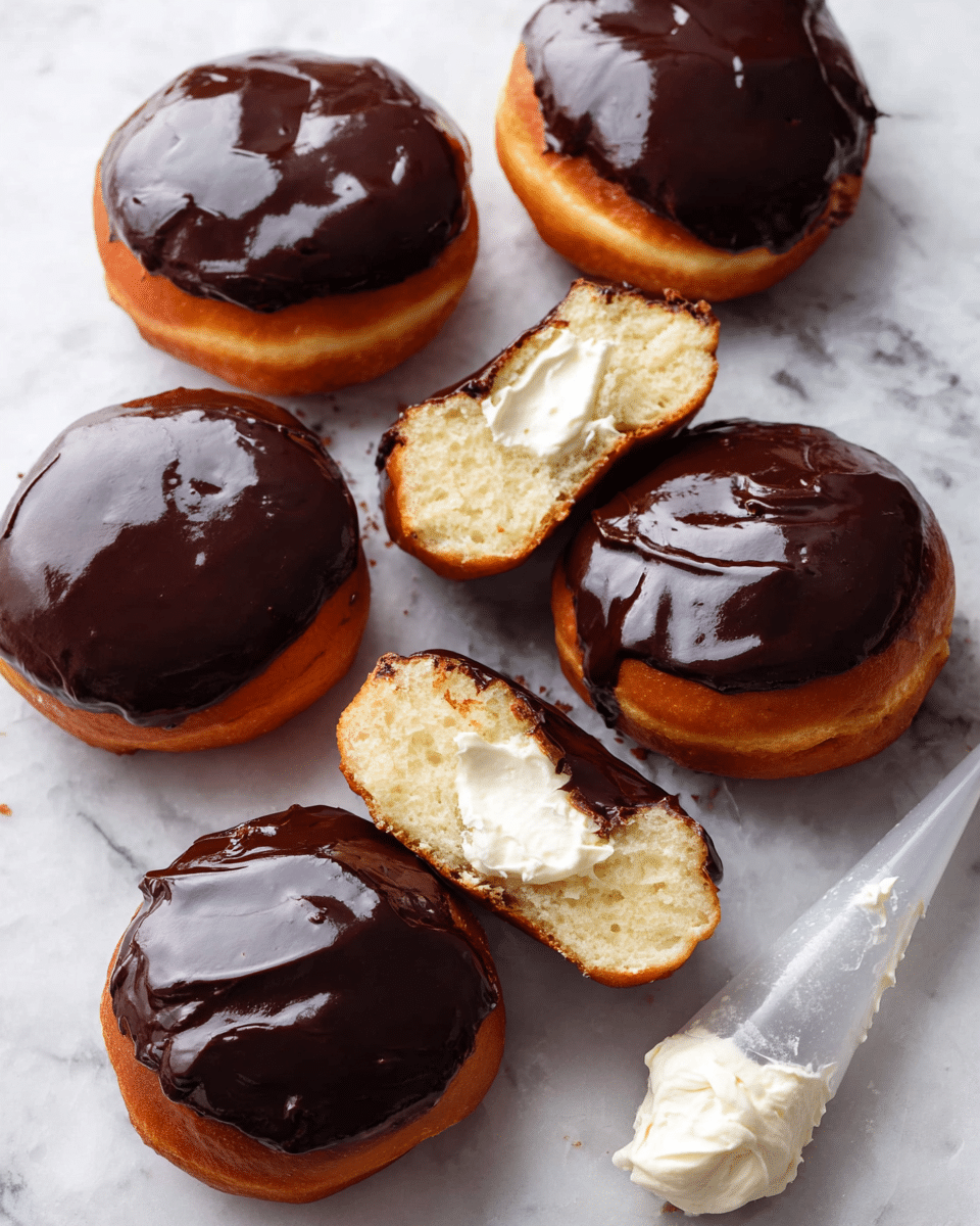 The image shows six small round cream-filled donuts placed on a white marbled textured surface. Each donut has a golden-brown dough base with a smooth and glossy dark chocolate glaze layered on top. One donut is cut in half, revealing a thick, creamy white filling inside its soft, light yellow dough. The dark chocolate glaze looks rich and shiny, slightly uneven on some donuts. Near the donuts is a clear piping bag filled with white cream, with some cream visible at the nozzle tip. Photo taken with an iphone --ar 4:5 --v 7