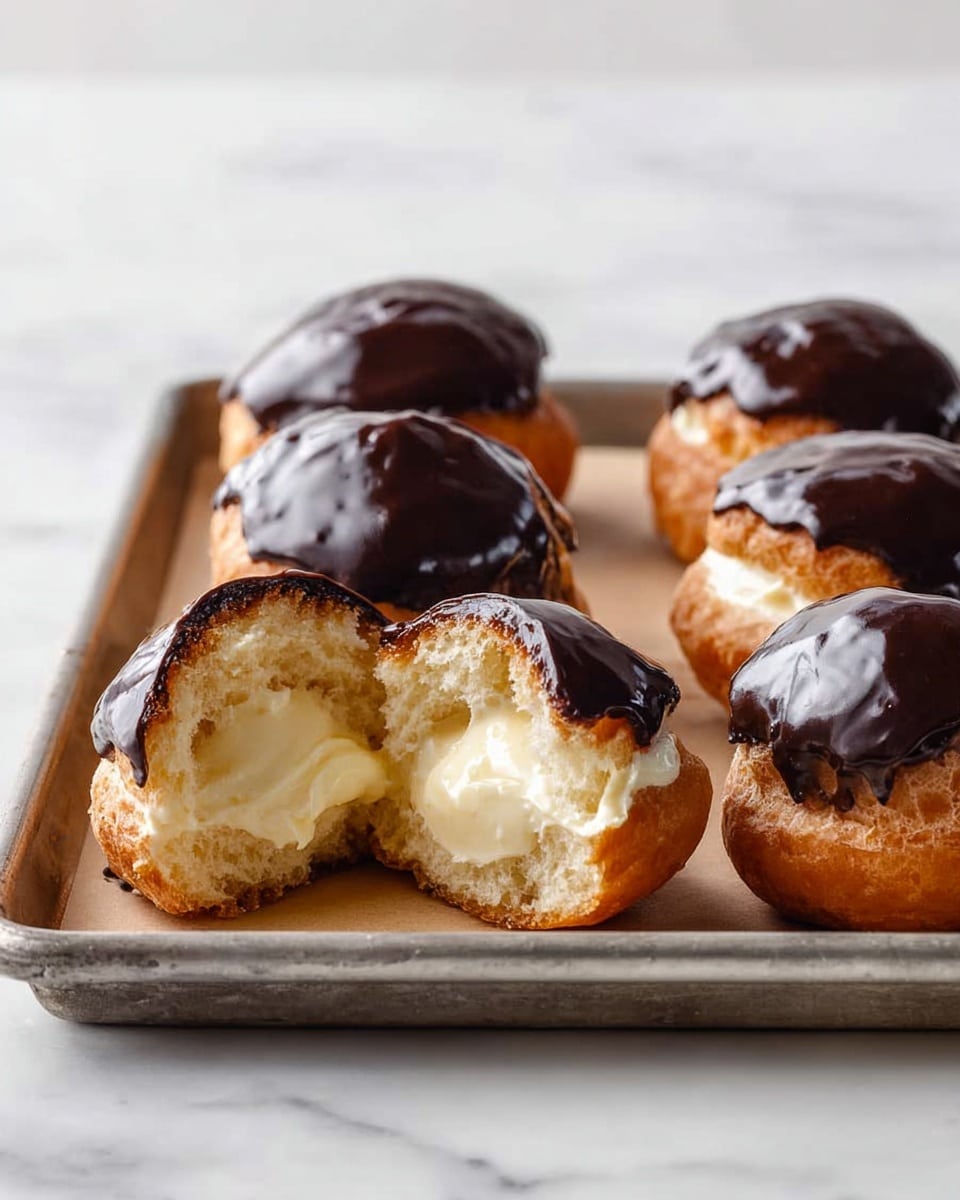 A metal tray holds six round, fluffy cream puffs, each topped with a glossy, dark chocolate glaze that smoothly covers the top half. One cream puff is cut open, showing the soft, light tan outer shell with a moist crumb texture and a thick, creamy white filling oozing out. The cream puffs have a golden brown base and the shiny chocolate contrasts with the pale cream inside. The tray sits on a white marbled surface with a minimal, clean background. Photo taken with an iphone --ar 4:5 --v 7