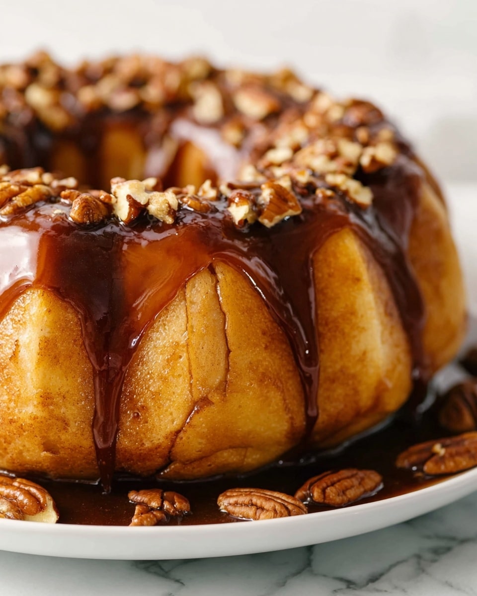 A close-up of a soft, golden-brown bundt cake with a shiny, dark caramel glaze dripping down its rounded, ridged sides. The glaze pools at the base, with toasted pecan pieces sprinkled over the top and scattered around the white plate. The cake’s texture shows a light, fluffy inside peeking through the glaze. The whole scene is set on a white marbled surface, making the rich colors of the cake and pecans stand out. photo taken with an iphone --ar 4:5 --v 7