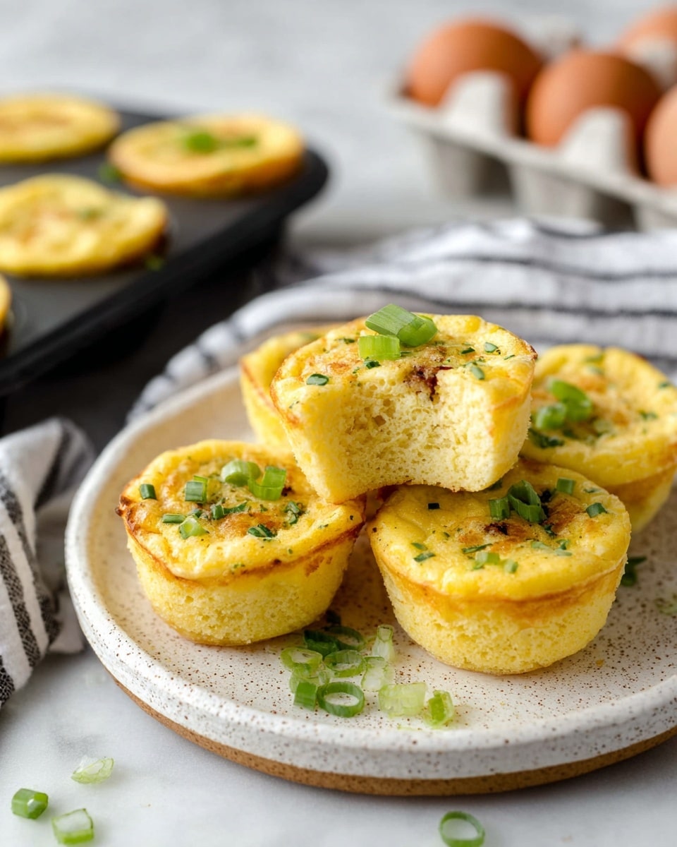 The image shows a dark metal muffin tray filled with twelve mini egg muffins, each with a bright yellow base of cooked eggs. Scattered on top of all egg muffins are small pieces of reddish-brown bacon and finely chopped green onions, adding color and texture. The muffins sit evenly inside the round cups of the tray, which rests on a white marbled surface. There is a small white bowl with green chopped peppers and black pepper next to the tray. The edge of a striped cloth and the side of an egg carton with brown eggs can be seen at the edges of the frame. Photo taken with an iphone --ar 4:5 --v 7