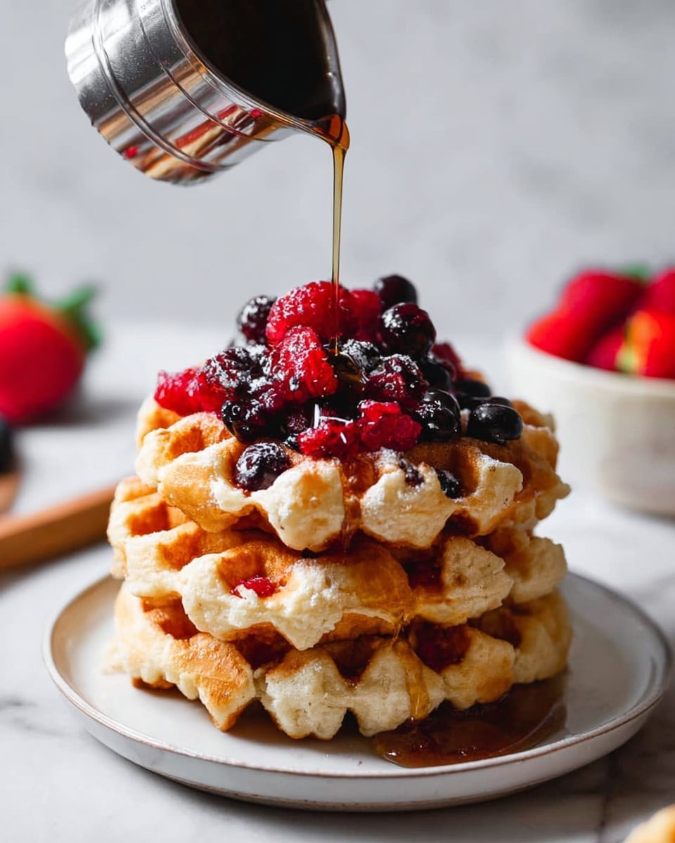 A stack of three golden-brown waffles with a slightly crispy texture is placed on a white plate. On top of the waffles, there is a layer of fresh mixed berries including red raspberries and dark blueberries. Syrup is being poured over the berries and waffles from a small shiny metal pitcher, creating a glossy drip down the sides of the stack. The background shows a white marbled surface, with a blurred bowl of additional berries and a red strawberry nearby. Photo taken with an iphone --ar 4:5 --v 7
