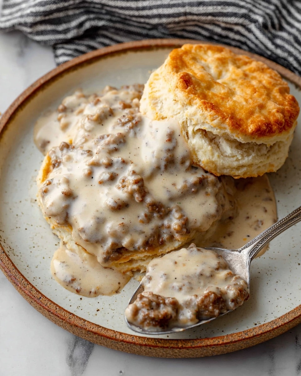 A white plate with a rustic brown rim holds two golden brown biscuits with a shiny crust, stacked one on top of the other, covered with thick creamy white sausage gravy speckled with small brown sausage pieces; a spoon rests on the plate, holding a separate biscuit piece topped with a generous amount of the same gravy. The plate sits on a white marbled surface with a black and gray striped cloth partially visible in the background. photo taken with an iphone --ar 4:5 --v 7