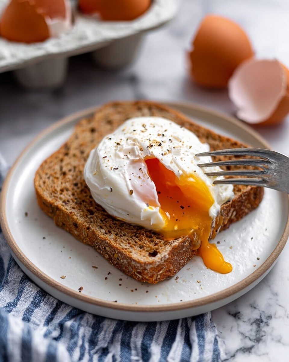 A round white plate holds four poached eggs, each with a smooth, slightly wrinkled white outer layer speckled with black pepper. One egg is pierced by a silver fork, revealing a bright yellow, runny yolk flowing onto the plate. The eggs are arranged with three on top and one on the bottom, all resting on a white marbled surface. There are bits of black pepper scattered around the eggs and a striped blue cloth partially visible at the bottom left. Photo taken with an iphone --ar 4:5 --v 7