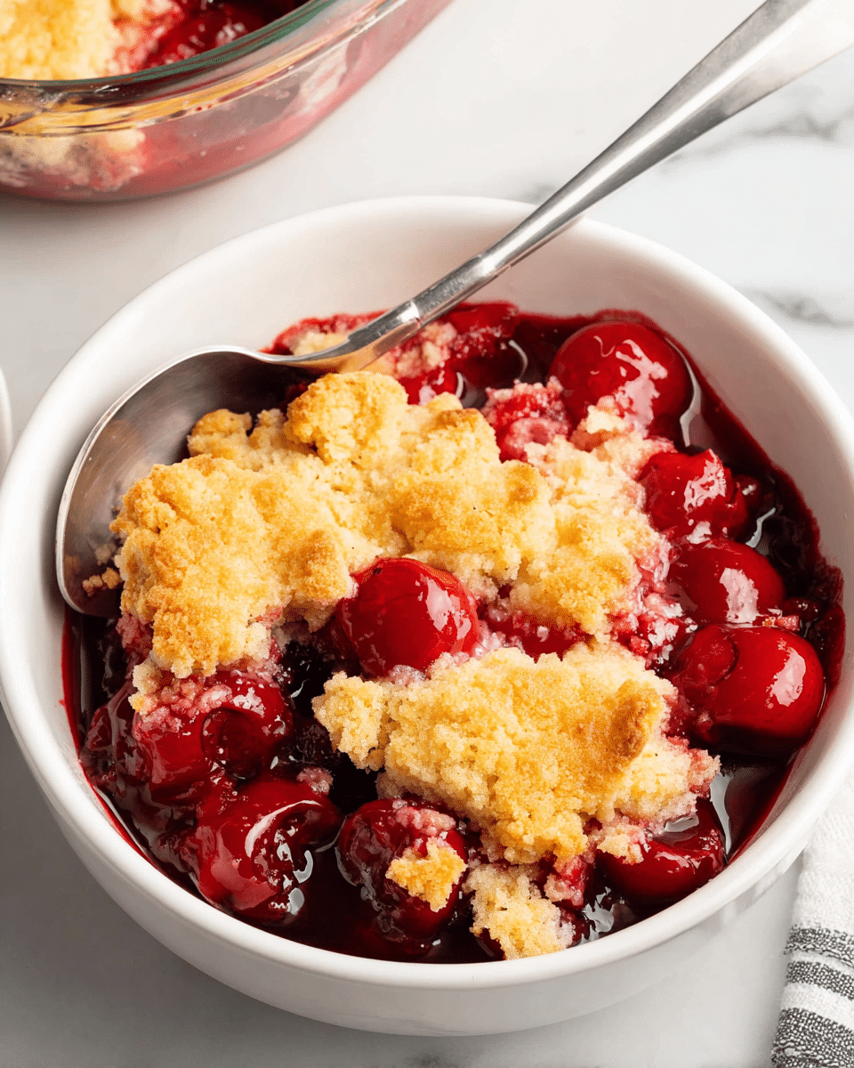 The image shows a white bowl filled with cherry cobbler, featuring two main layers. The bottom layer is glossy, deep red cherry filling with whole cherries and syrupy juice visible. The top layer is a golden, crumbly, and soft cake-like crust broken into uneven pieces, partially covering the cherries. A metal spoon is placed inside the bowl on the left side, resting on the edge. The bowl sits on a white marbled surface with part of a glass baking dish filled with more cobbler visible in the background. photo taken with an iphone --ar 4:5 --v 7