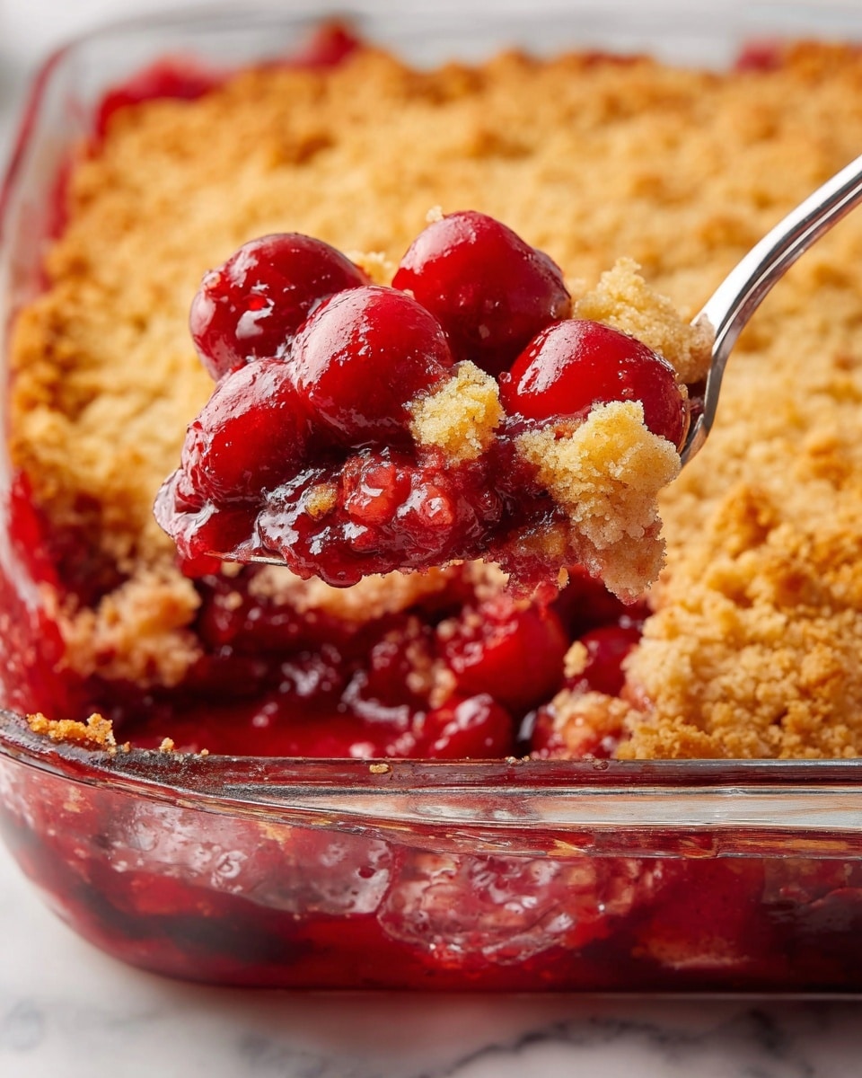 A close-up view of a cherry cobbler in a clear glass baking dish sitting on a white marbled surface, showing two clear layers: a thick, shiny, deep red cherry filling full of whole cherries at the bottom, and a golden brown, crumbly baked topping with a slightly rough texture on top. A silver spoon scoops out a portion from the corner, lifting a mix of bright red cherries and golden topping, with some filling and crumbs spilling back into the dish. photo taken with an iphone --ar 4:5 --v 7