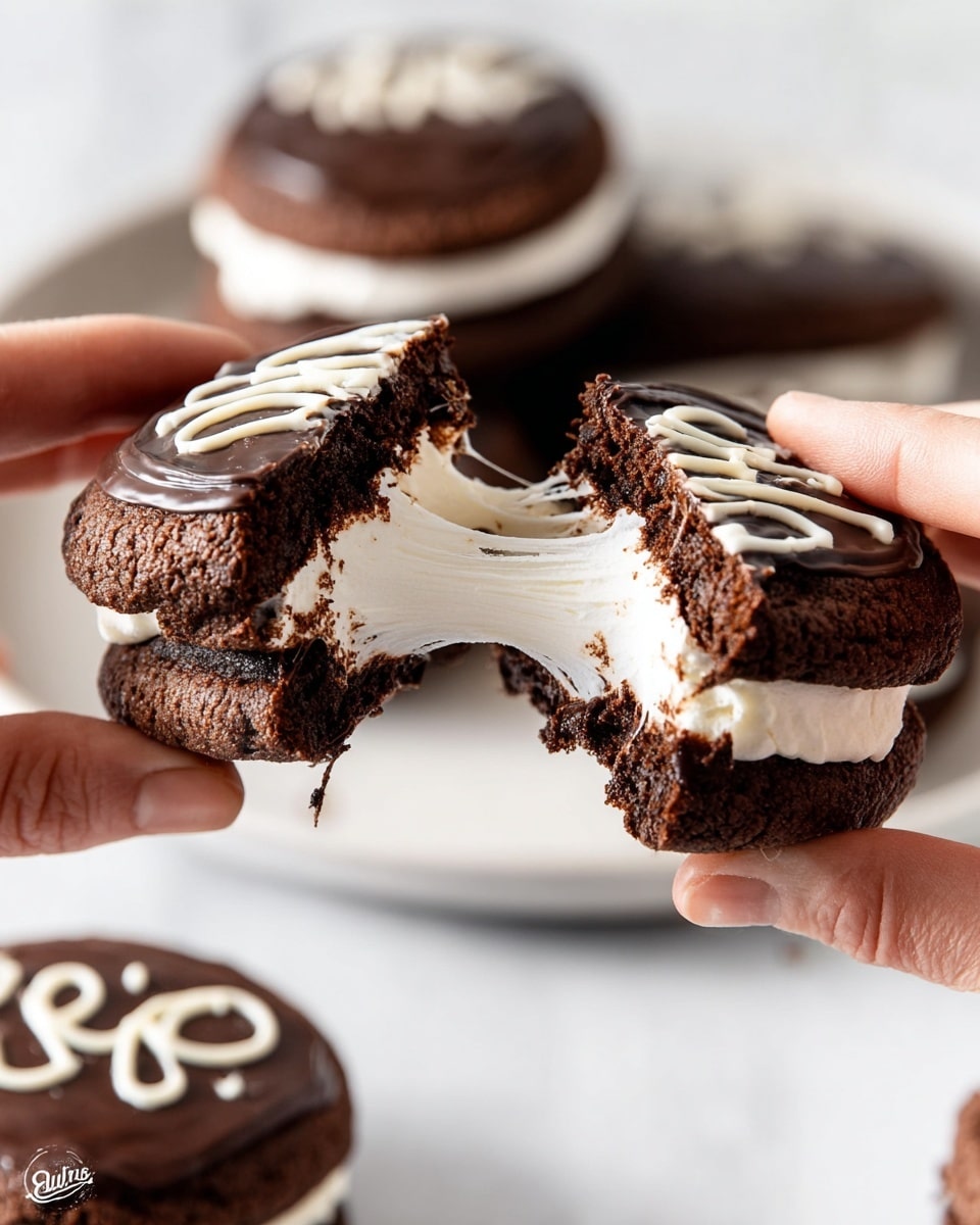 Two pieces of a chocolate cookie sandwich are being pulled apart by two woman's hands, revealing a thick, stretchy layer of white marshmallow filling inside. The cookie has a dark brown, rough textured base and top, with the top decorated with a layer of smooth, shiny dark chocolate and a white swirl design made from frosting. More cookie sandwiches are blurred in the background, all placed on a white plate resting on a white marbled surface. photo taken with an iphone --ar 4:5 --v 7