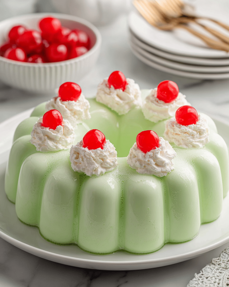 A creamy light green gelatin dessert shaped like a round flower with smooth, rounded petal-like edges forming the outer layer, topped with eight dollops of white whipped cream evenly spaced in a circle near the center. One bright red cherry is placed on top of a whipped cream dollop in the center, adding a pop of color. The dessert sits on a plain white plate, placed on a white marbled surface. In the background, there is a small white bowl filled with more red cherries and a stack of white plates with gold forks. Photo taken with an iphone --ar 4:5 --v 7