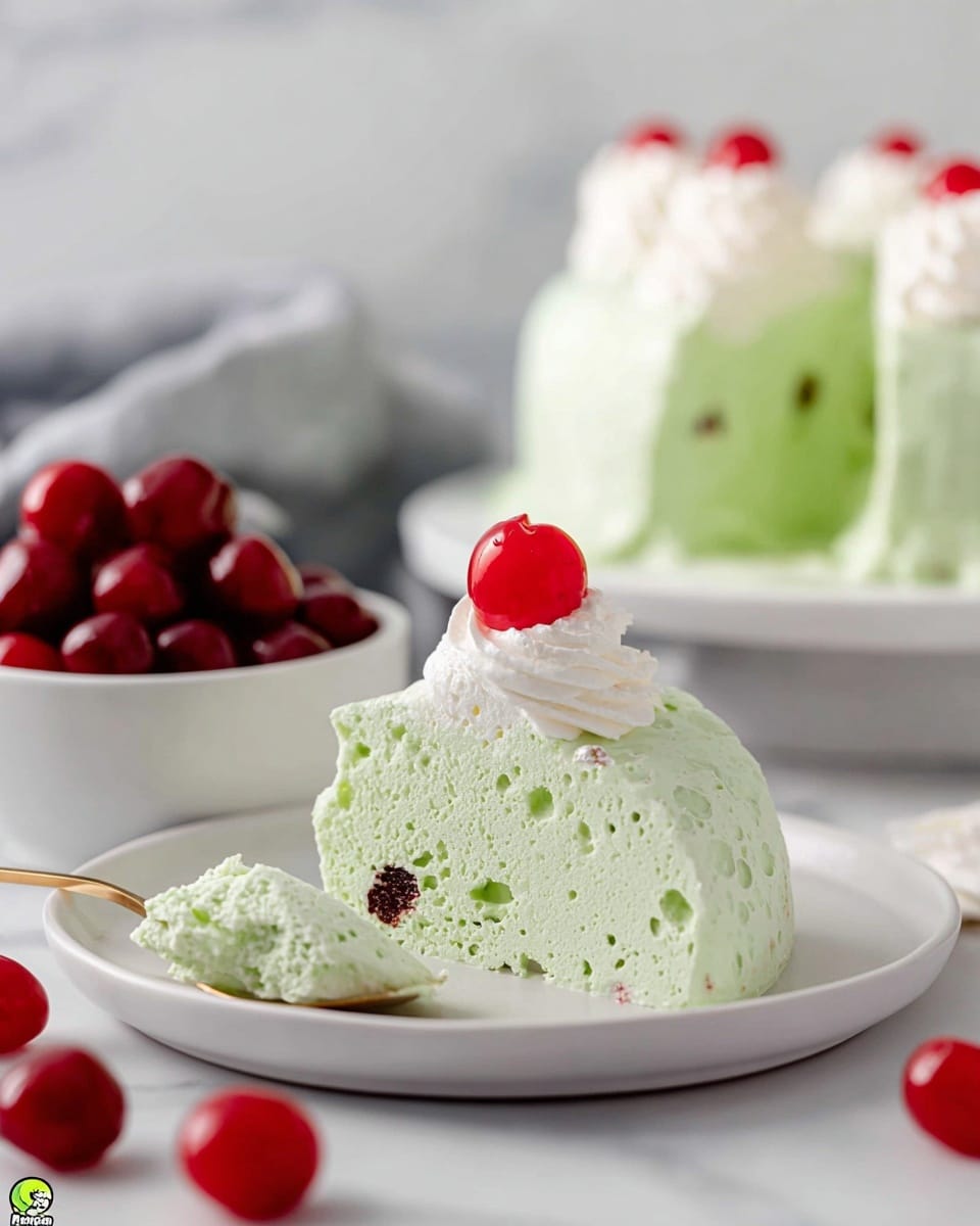 A slice of light green mousse dessert with a smooth, airy texture and small chunks inside sits on a white plate. The slice has a rounded bubbly outer layer and looks soft and creamy. There is a swirl of white whipped cream and a bright red cherry placed next to the mousse slice on the plate. In the background, part of the full mousse dessert with white whipped cream dollops on top is visible on another white plate. Also seen is a white bowl filled with shiny red cherries, and some cherries are scattered on a white marbled surface. A spoon lies next to the dessert slice, holding a small bit of mousse. photo taken with an iphone --ar 4:5 --v 7
