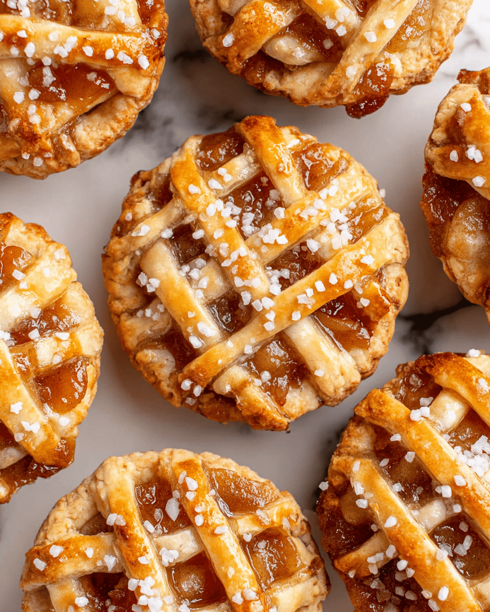 The image shows small round mini pies with a golden-brown lattice crust on top. Each pie has a shiny, slightly baked dough lattice forming a grid with thick strips, revealing the caramel-brown filling made of cooked apple chunks mixed with cinnamon and sugar. Coarse white sugar crystals are sprinkled generously over the lattice, adding a sparkling texture. The mini pies are placed close to each other on a white marbled surface. The edges of the pies are slightly darker, showing a well-baked finish. Photo taken with an iphone --ar 4:5 --v 7