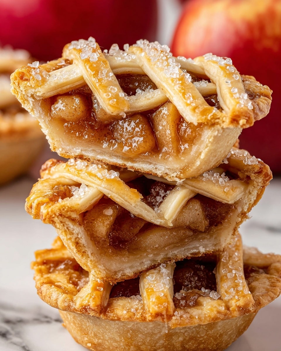 The image shows a close-up of a stack of three mini lattice apple pies. The top pie is cut in half, revealing a thick golden-brown crust made from crisscrossed strips of pastry dough on top and a glossy, syrupy apple filling with pieces of soft cooked apple and cinnamon inside. The crust is sprinkled with large sugar crystals that sparkle on the pale yellow baked dough. The pies sit on a white surface with a white marbled texture, and in the background, red apples are blurred out, adding a warm color contrast to the golden pies. photo taken with an iphone --ar 4:5 --v 7