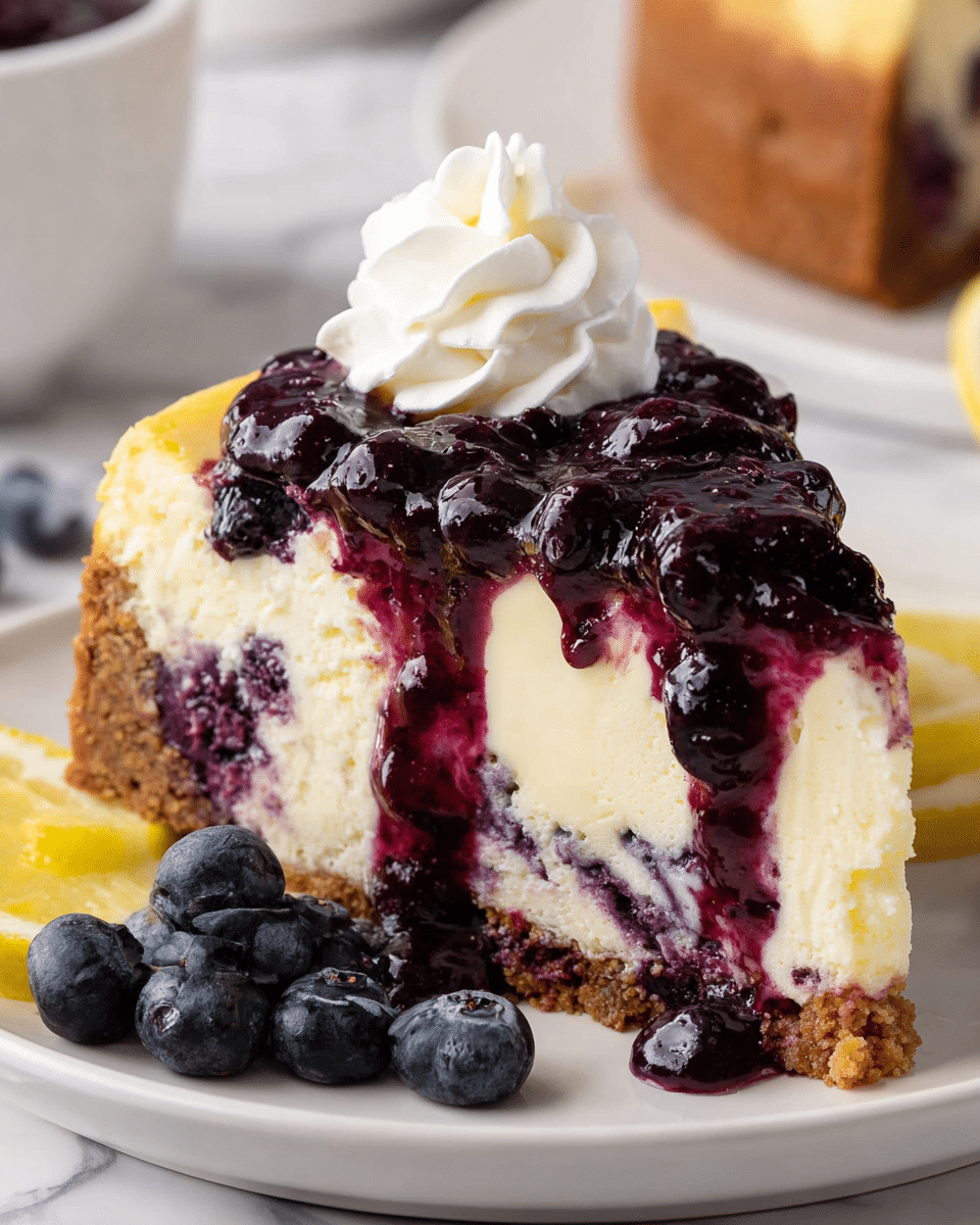 A slice of cheesecake with three clear layers sits on a white plate over a white marbled surface. The bottom layer is a crumbly, golden-brown crust; the thick middle layer is creamy light beige cheesecake speckled with dark purple blueberries. On top, a glossy, deep purple blueberry sauce drips down the sides, with whole blueberries visible in the sauce. A swirl of white whipped cream tops the slice. Fresh blueberries and lemon slices decorate the plate nearby. Photo taken with an iphone --ar 4:5 --v 7