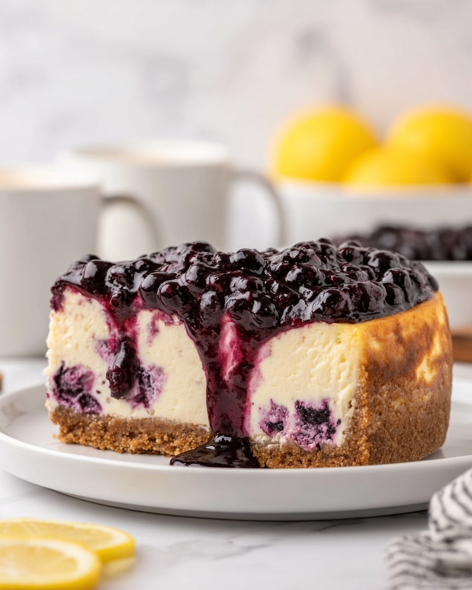 The image shows a cheesecake with three visible layers on a white plate. The bottom layer is a thick, solid, light brown crumb crust with a rough texture. The middle layer is a creamy, off-white cheesecake filling that has dark purple-blueberry bits scattered inside, showing a marbled texture where the berry juice slightly mixes with the cream. The top layer is a shiny, deep dark purple blueberry topping, densely piled and dripping slightly down the side with glossy juice. The background has a soft white marbled texture with blurred white cups and bright yellow lemons in the distance. Photo taken with an iphone --ar 4:5 --v 7