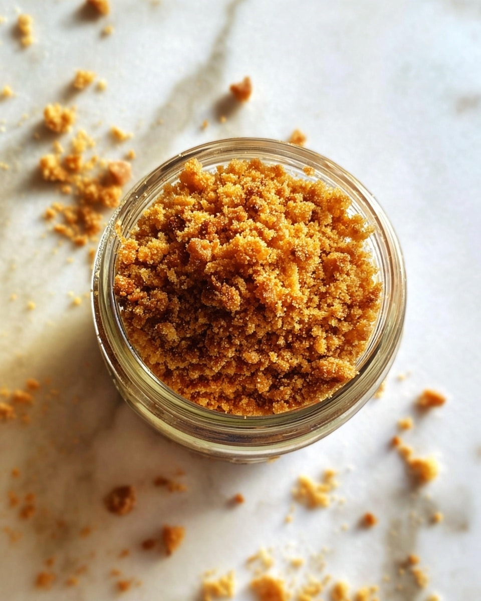 A close-up top view of a small glass jar filled with a thick layer of golden brown, crumbly topping with a coarse texture, overflowing slightly onto a white marbled surface below with scattered small crumbs around it, showing only one visible layer inside the jar beneath the topping which seems smooth and dark. photo taken with an iphone --ar 4:5 --v 7