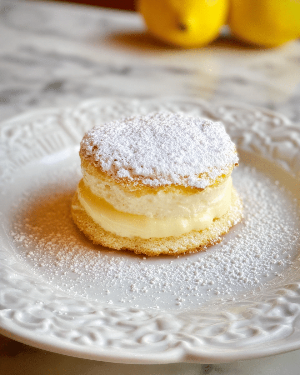 A small round dessert sits in the center of a white plate with a delicate carved edge. The dessert has two layers of light golden, fluffy cake with a smooth, creamy pale yellow filling in between. The top layer of the cake is dusted generously with white powdered sugar, giving it a soft, snowy look. The background is a white marbled texture with two blurred yellow objects in the distance, adding a warm contrast. The plate is sprinkled lightly with powdered sugar around the dessert's base. photo taken with an iphone --ar 4:5 --v 7