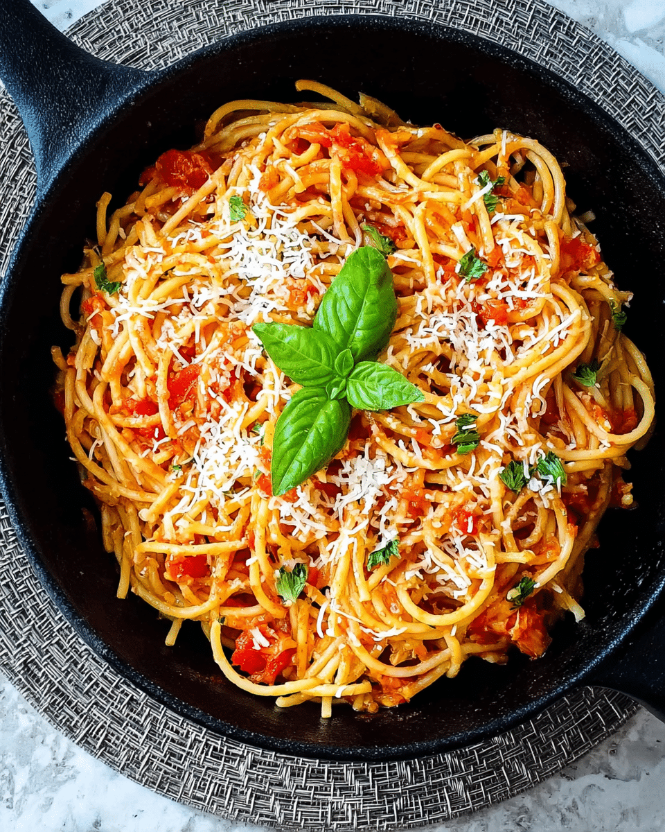 A black cast iron pan holds a serving of spaghetti pasta mixed with red tomato sauce, scattered with shredded white cheese on top. The pasta strands are golden yellow and well coated in sauce, with small pieces of tomato visible throughout. In the center lies a fresh green basil sprig, adding a bright contrast. The pan rests on a white marbled surface with a textured gray woven mat underneath. Photo taken with an iphone --ar 4:5 --v 7