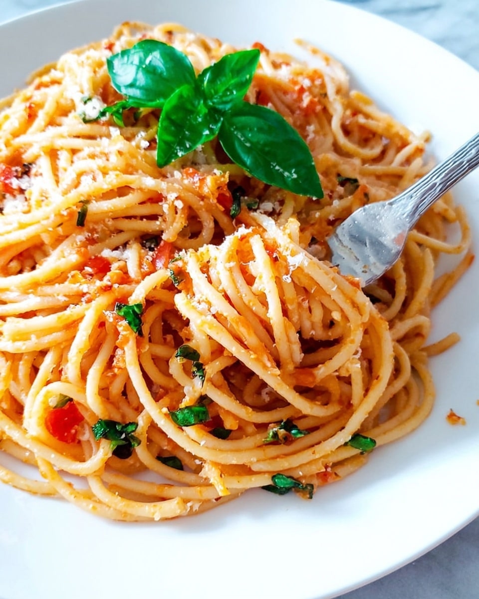 A plate of spaghetti is shown with long, light brown pasta strands twisted together and topped with an orange tomato sauce scattered evenly throughout. There are small pieces of chopped green basil leaves mixed in and a fresh green basil sprig on top. The dish is sprinkled with grated white cheese, adding a slight texture on the pasta. A silver fork is seen on the right side, twirling some spaghetti strands. The plate is white and sits on a white marbled surface. photo taken with an iphone --ar 4:5 --v 7