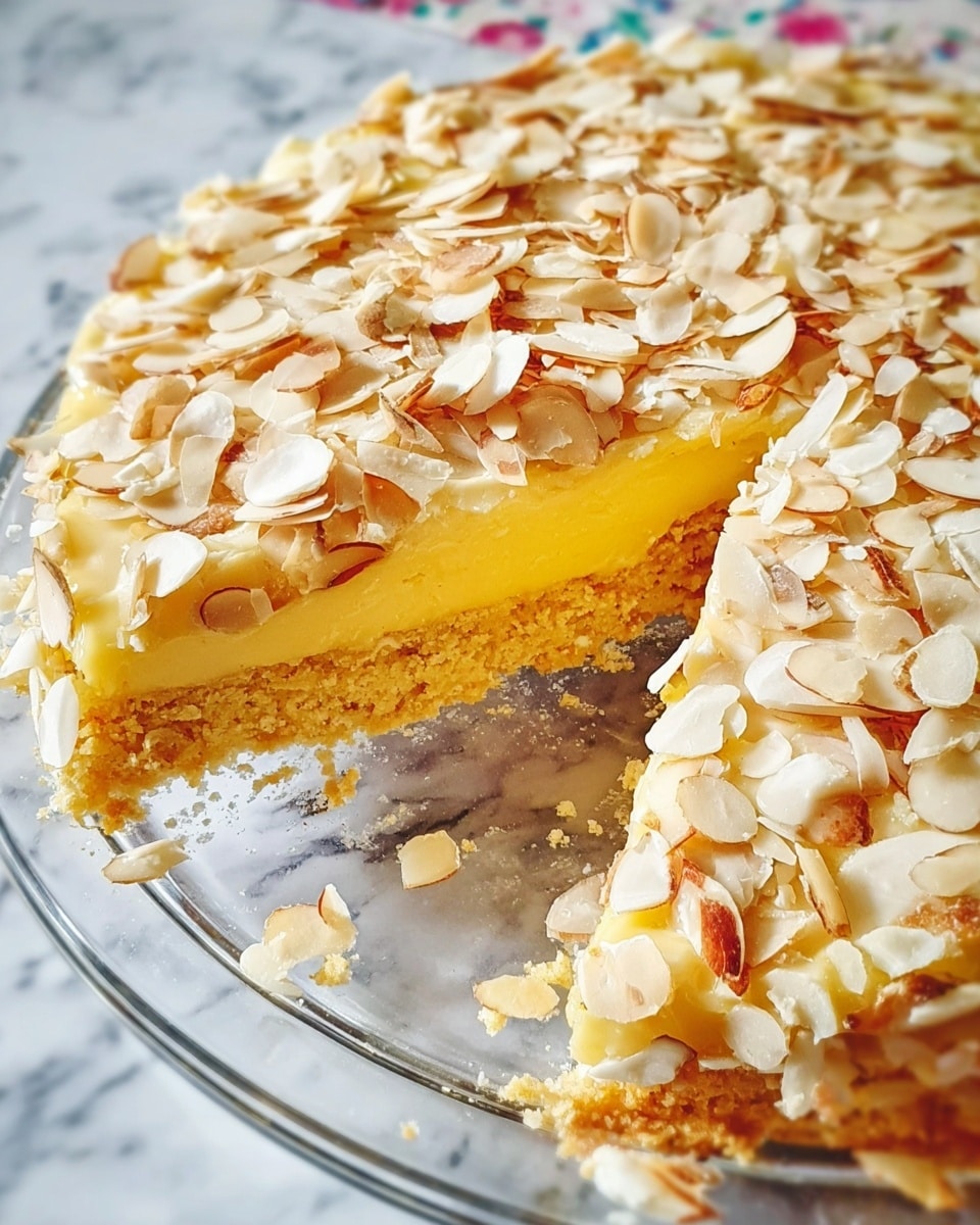The image shows a close-up of a round cake placed on a clear glass plate set on a white marbled surface. The cake has two visible layers: the bottom layer is a dense, moist-looking yellowish cake base, and the top layer is a thick, creamy yellow custard-like layer. The entire surface of the cake is covered with a generous amount of sliced toasted almonds that are light brown and beige with a crunchy texture. A slice has been cut out, revealing the layers clearly and showing the almond slices scattered on the plate as well. Photo taken with an iphone --ar 4:5 --v 7