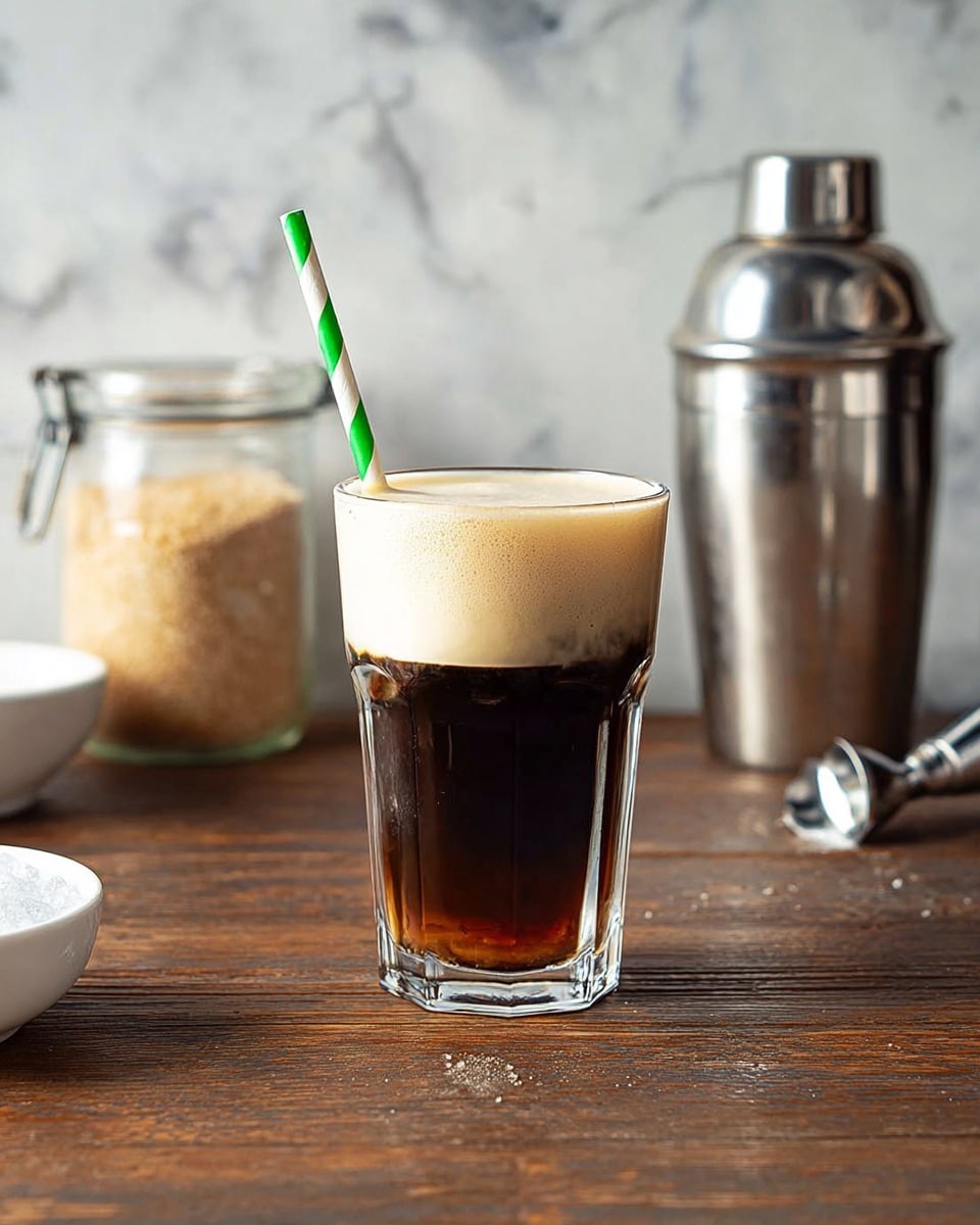 A clear glass shows a dark brown liquid topped with a thick, light tan foam layer, with a green and white striped paper straw inserted. The glass sits on a brown wooden surface with a white marbled textured background behind it. On the right side, a shiny silver metal cocktail shaker is seen, with the lid placed next to it. On the left side, a jar filled with light brown granulated sugar and a white bowl with a spoon inside are partially visible and slightly out of focus. Photo taken with an iphone --ar 4:5 --v 7