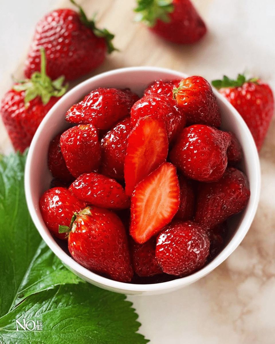 A white bowl filled with a single layer of whole and halved bright red strawberries, showing their glossy, juicy texture. The bowl sits on a white marbled surface, surrounded by more fresh strawberries with green leafy tops and a large green leaf to the side. The strawberries inside the bowl are tightly packed, with visible seeds and shiny flesh that catches the light. Photo taken with an iphone --ar 4:5 --v 7