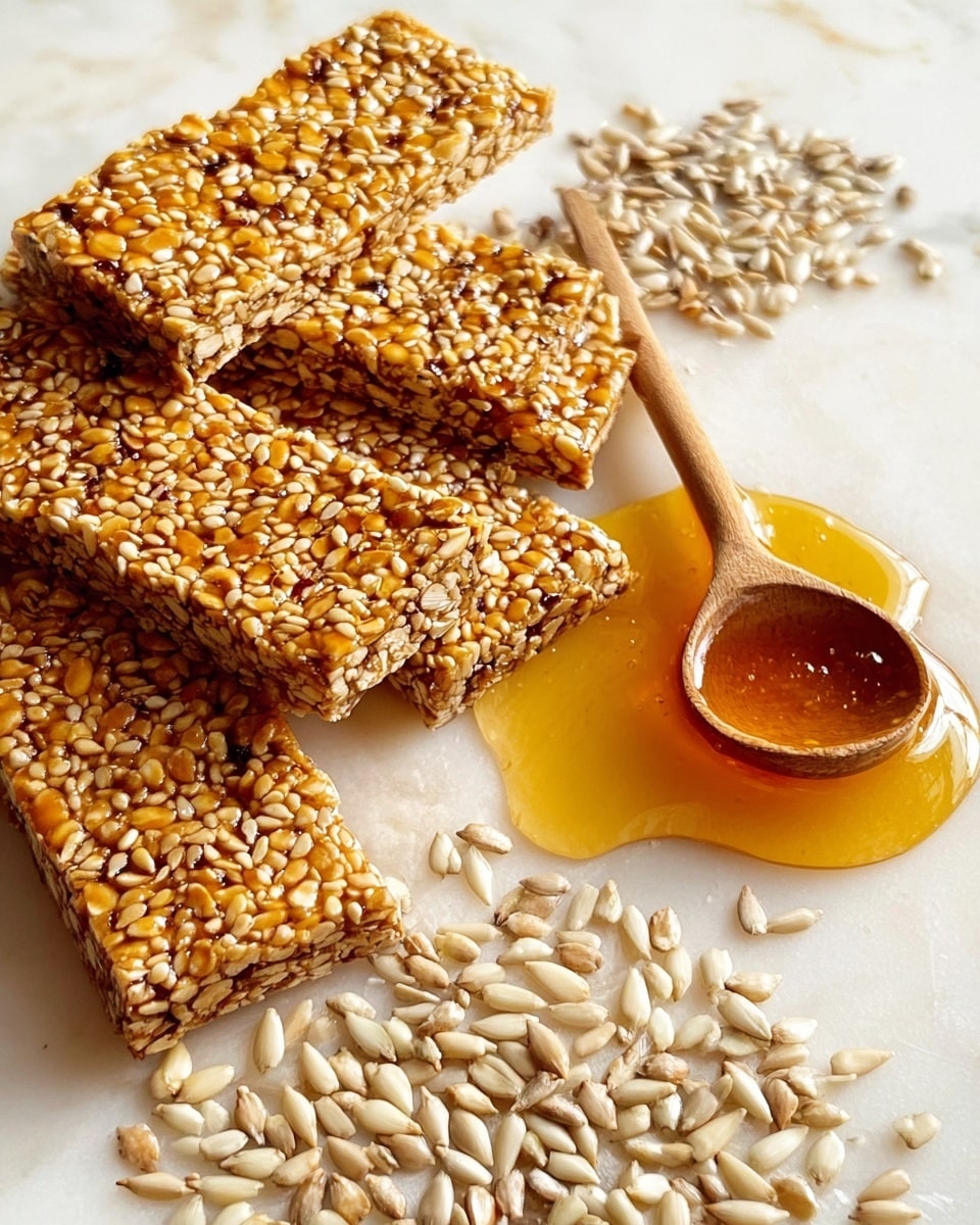 The image shows several rectangular sesame seed and sunflower seed brittle bars placed closely on a white marbled surface. The bars have a textured layer of shiny, golden-brown caramel that binds the light tan sesame seeds and pale sunflower seeds together. In the foreground, scattered pale sunflower seeds and creamy white sesame seeds create a natural border. To the right of the bars, a small wooden spoon filled with golden honey rests on a small pool of honey spreading slightly onto the white marbled surface. photo taken with an iphone --ar 4:5 --v 7