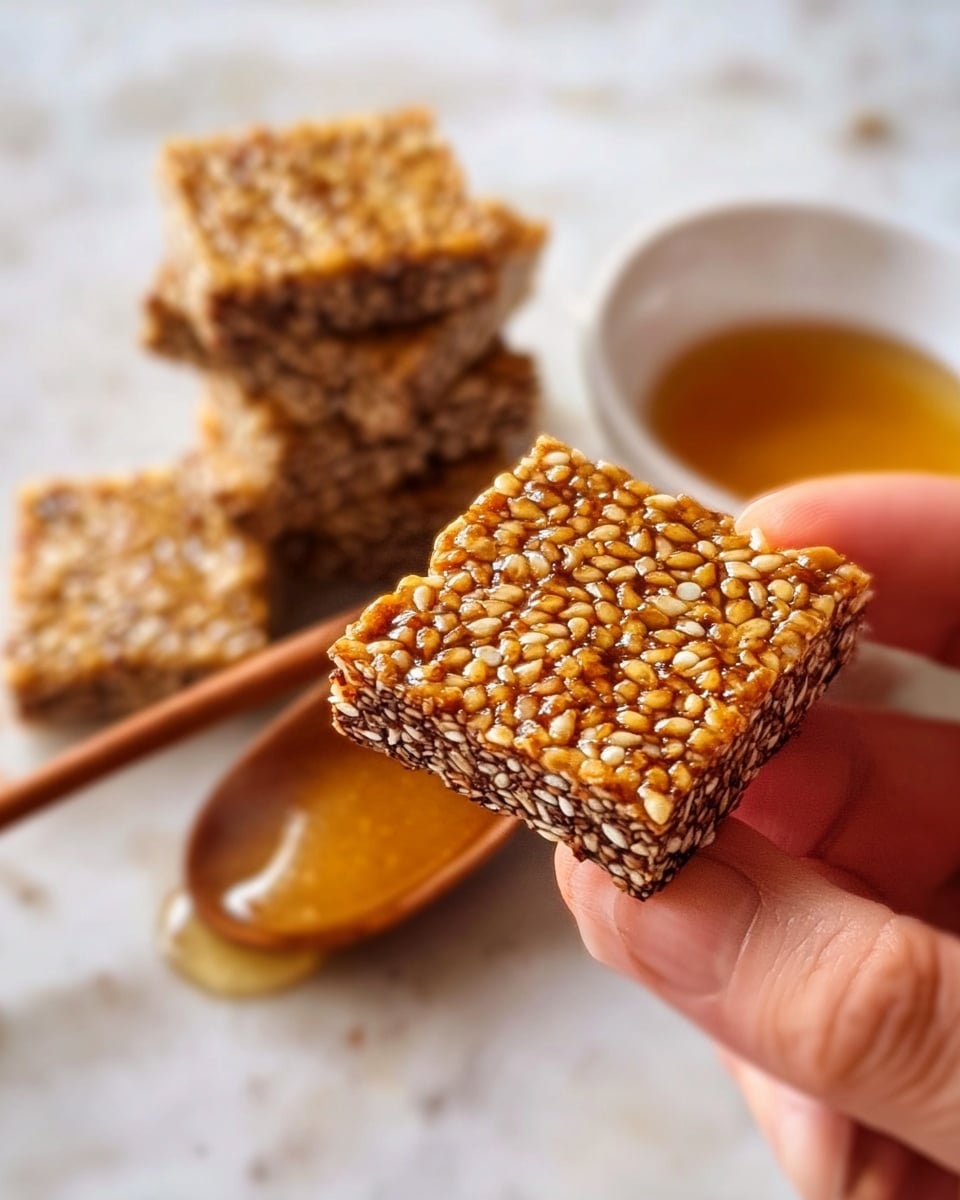 A close-up image shows a square snack bar with two visible layers: the top layer is a golden-brown color with many shiny sesame seeds tightly packed, giving a rough, textured look, while the bottom layer is darker brown with smaller, finer seeds or grains. The snack is held between a woman's thumb and forefinger in the foreground, with more similar pieces stacked blurred in the background on a white marbled surface. A wooden spoon holding a small amount of golden brown syrup rests near the snacks. Photo taken with an iphone --ar 4:5 --v 7