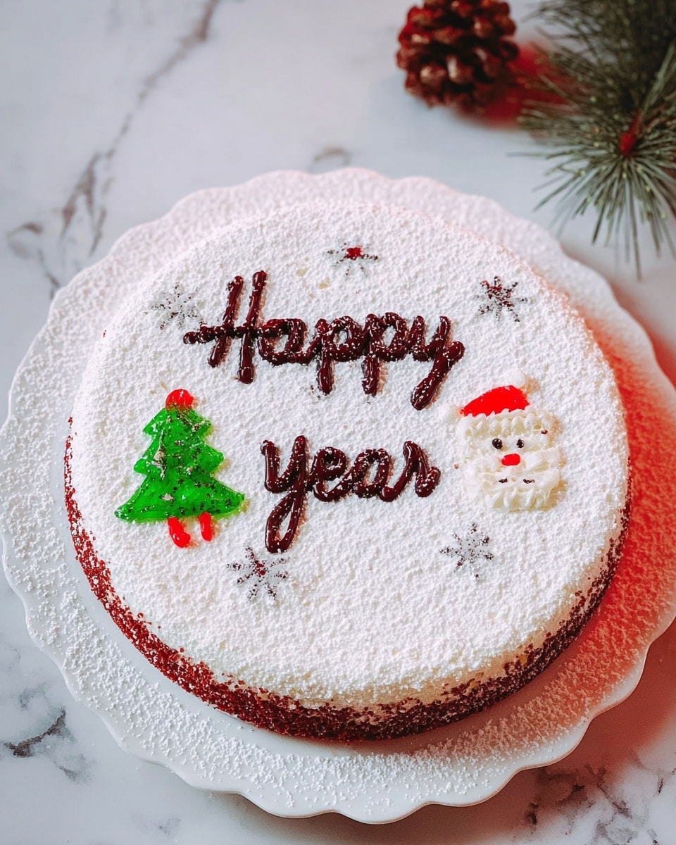 A round cake sits on a white plate with star shapes around the edge, covered in a thick layer of white powdered sugar. The top is decorated with 