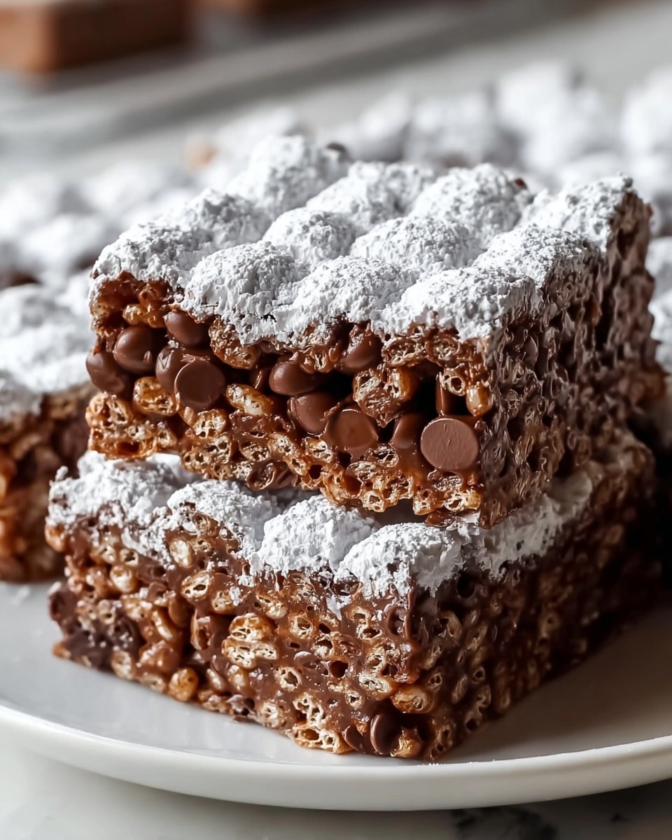 A close-up view of two square layered treats stacked on a white plate placed on a white marbled surface, each with three main visible layers: a bottom layer of crispy rice cereal coated in a sticky, glossy chocolate mixture with scattered round chocolate chips embedded throughout; a middle layer seamlessly blending with the bottom, showing the same glossy texture and cereal pieces with more chocolate chips; the top layer covered thickly with white powdered sugar creating a soft, puffy, snow-like look across a raised grid pattern on the surface of the bars, enhancing depth and texture. The edges of the bars are clean and distinct, showcasing the contrast between the dark chocolate inside and bright white sugar on top. photo taken with an iphone --ar 4:5 --v 7