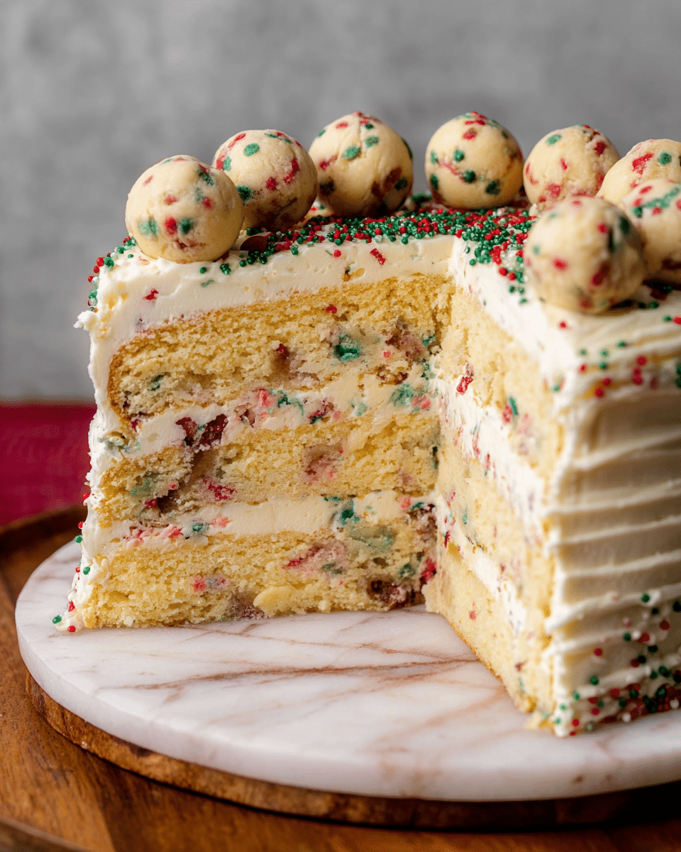 A three-layer yellow cake with creamy white frosting between each layer mixed with red and green sprinkles inside the frosting; the frosting covers the whole outside and is decorated on top with small round dough balls that have red and green specks, along with scattered small red and green round sprinkles; the cake is placed on a wooden board with a white marbled background, with the cut side facing forward showing the detailed layers and colorful frosting photo taken with an iphone --ar 4:5 --v 7