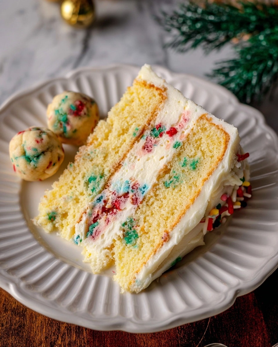 A slice of three-layer yellow cake sits on a white scalloped plate, each layer separated by white cream frosting mixed with colorful red, green, and blue sprinkles inside the filling. The outer frosting is smooth and creamy, with a slightly wavy edge along the top. Behind the cake slice, a few small round cookie dough balls with similar colored sprinkles rest on the plate. The plate is placed on a dark wood surface with a small green pine decoration visible in the background, set against a white marbled texture. Photo taken with an iphone --ar 4:5 --v 7