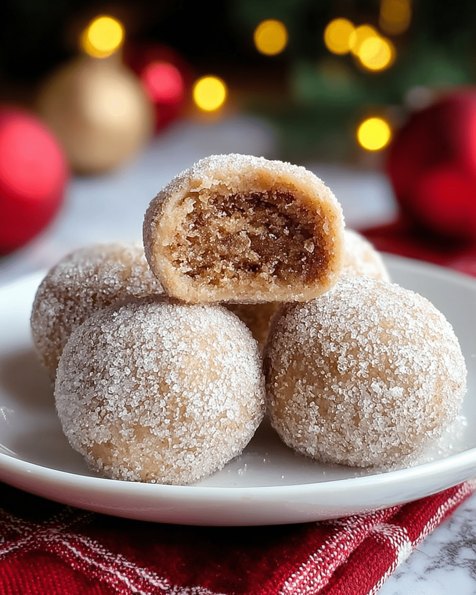 The image shows four round sweet balls on a white plate placed on a red and white cloth with a white marbled texture background. Three whole balls are light brown and covered with sugar crystals, giving a rough texture. One ball is cut in half and placed on top, showing a dense, grainy interior with shades of light and dark brown sugar crystals. The background is softly blurred with warm yellow lights and round red ornaments. Photo taken with an iphone --ar 4:5 --v 7
