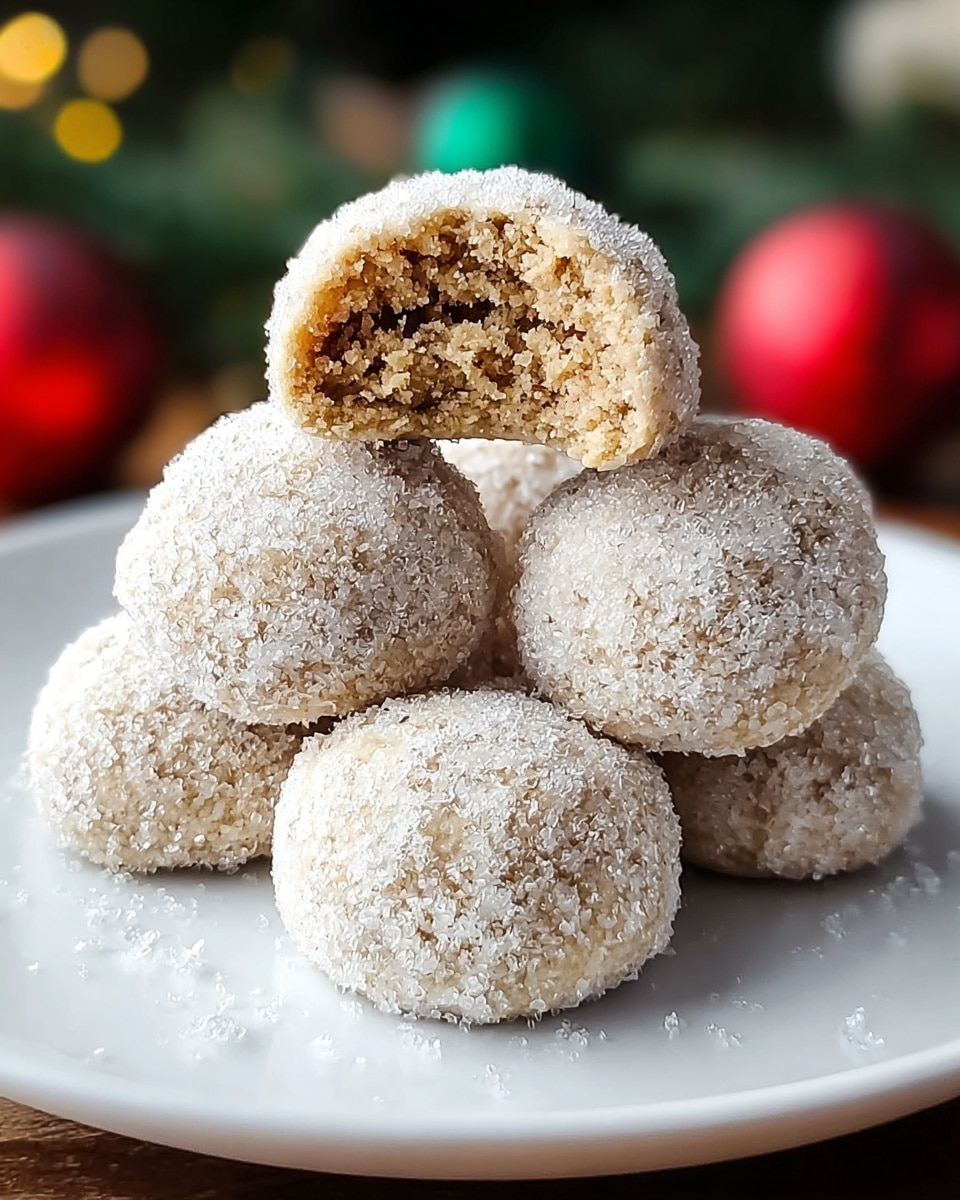 The image shows a white plate with five small round cookies, each covered in a layer of coarse sugar crystals giving them a frosty white coating. One cookie is on top of the others, broken to reveal a sandy, crumbly light brown inside. The cookies have a slightly rough texture because of the sugar coating and look soft in the center. The background is blurred but includes soft round shapes and hints of red and green, set on a white marbled surface. photo taken with an iphone --ar 4:5 --v 7