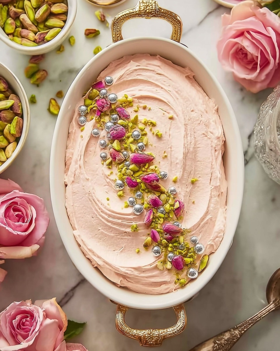 The image shows a creamy dessert spread evenly in a white oval dish with golden handles on each side. The dessert has a smooth, light pink surface with soft swirls creating texture, topped in the center with a line of chopped green pistachios, small pink rose petals, and shiny silver-coated almonds. The dish sits on a white marbled surface, with pink roses and a white bowl filled with green pistachios nearby, creating a soft, elegant setting. photo taken with an iphone --ar 4:5 --v 7