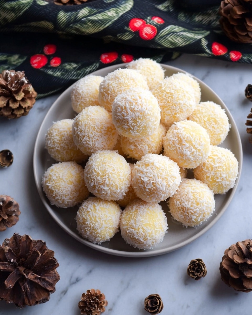 A round white plate is filled with about thirty small, round balls that look soft and covered in white shredded coconut. Each ball is pale yellow underneath the coconut layer, giving the whole plate a soft yellow and white look. The balls are stacked in a loose pile, some sitting on top of others. The plate is on a white marbled surface with small brown pine cones and a cloth with green leaves and red berries as decoration around it. photo taken with an iphone --ar 4:5 --v 7