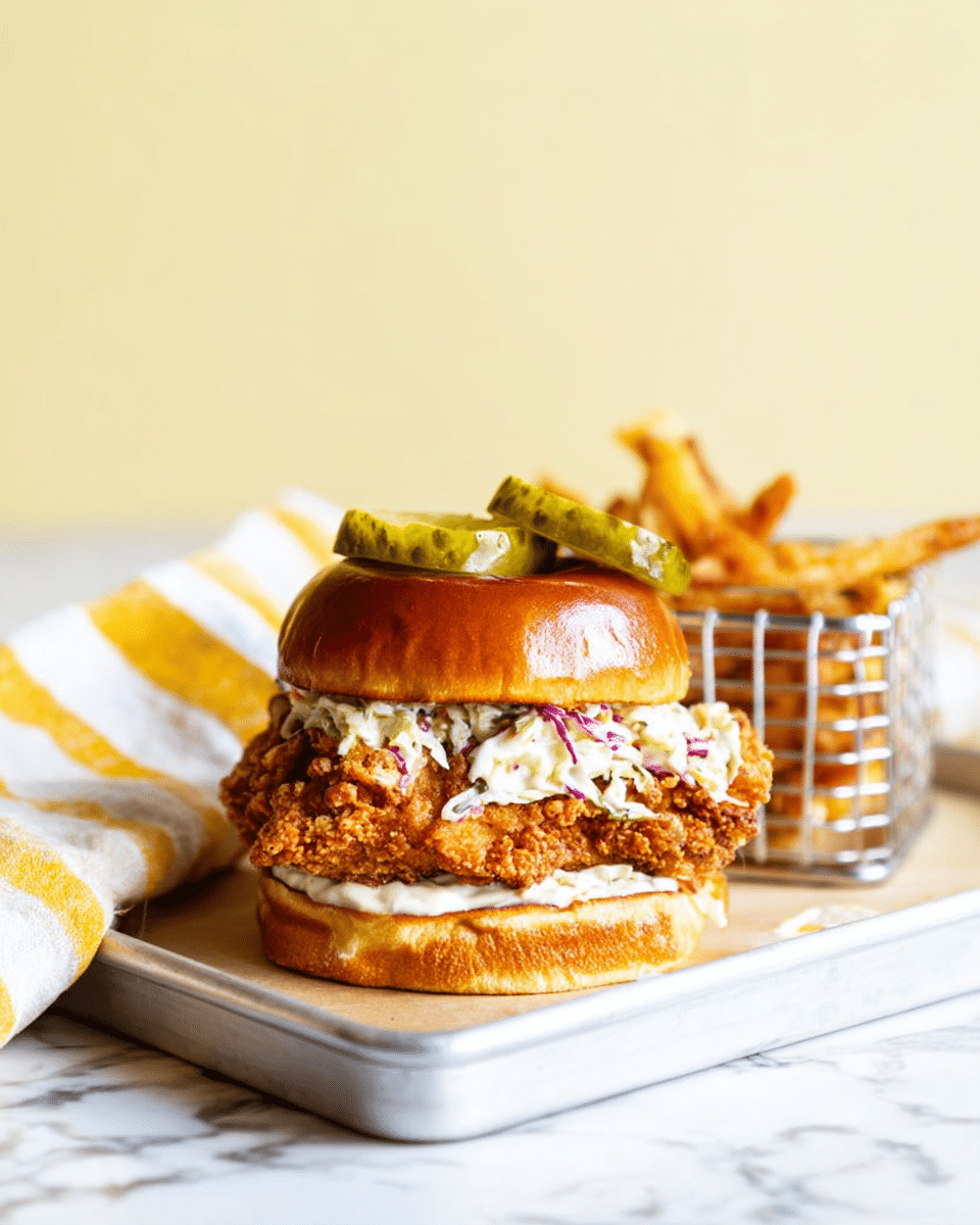 A crispy fried chicken sandwich is placed on a white tray with a metal basket of golden fries on the side. The sandwich has a glossy toasted bun on top, two thick green pickle slices, and a thick layer of creamy coleslaw with small bits of purple cabbage in the middle. Below the coleslaw is a large, crunchy fried chicken fillet with a rough golden-brown crust, sitting on the bottom half of the toasted bun that has a smooth creamy spread. A yellow and white striped cloth is casually draped in the background on a white marbled surface, against a soft pale yellow backdrop. Photo taken with an iphone --ar 4:5 --v 7