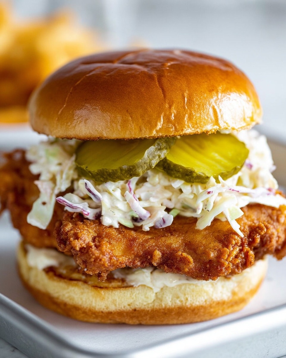 A close-up view of a sandwich with five visible layers, placed on a white tray with a white marbled background. The bottom layer is a soft, light golden toasted bun with a smear of creamy mayonnaise. On top is a thick, crispy fried chicken fillet with a textured, crunchy golden-brown crust. Above the chicken is a layer of creamy coleslaw mixed with finely shredded cabbage and carrots, having a white and slightly purple color. Two green, ridged pickle slices are stacked on the coleslaw. The sandwich is finished with a shiny, smooth golden toasted top bun. Photo taken with an iphone --ar 4:5 --v 7
