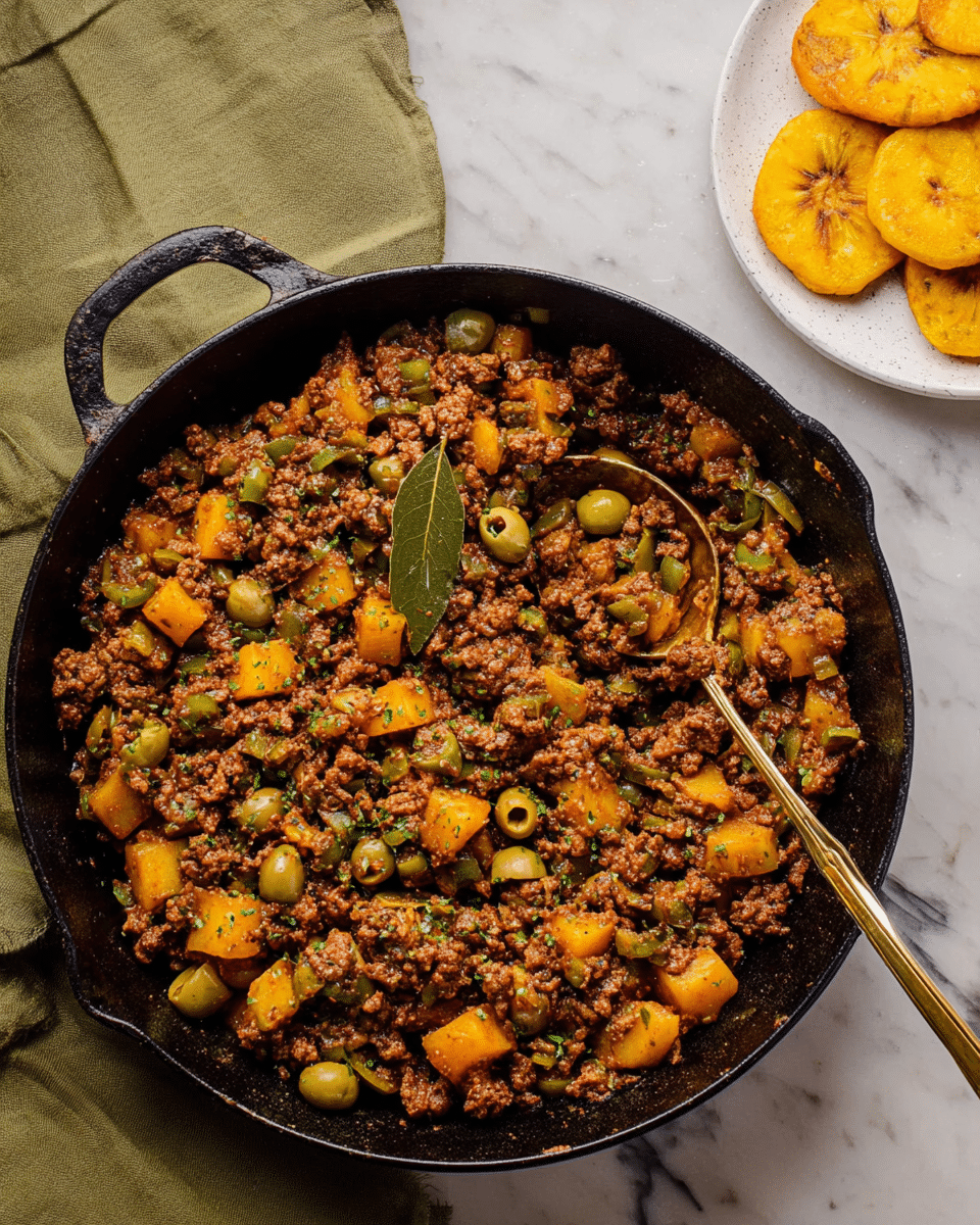 A round white bowl filled with three main layers: one side has a neat pile of light golden cooked rice with visible small green herbs, the second layer shows a chunky, dark brown ground beef mixture with diced vegetables and green olives, and the third layer contains a stack of bright yellow, crispy fried plantain slices placed on the rice and around the meat. Two gold spoons rest on the edge of the bowl, which sits on a white marbled surface next to a glass of water and a small white side plate with more plantain slices. photo taken with an iphone --ar 4:5 --v 7