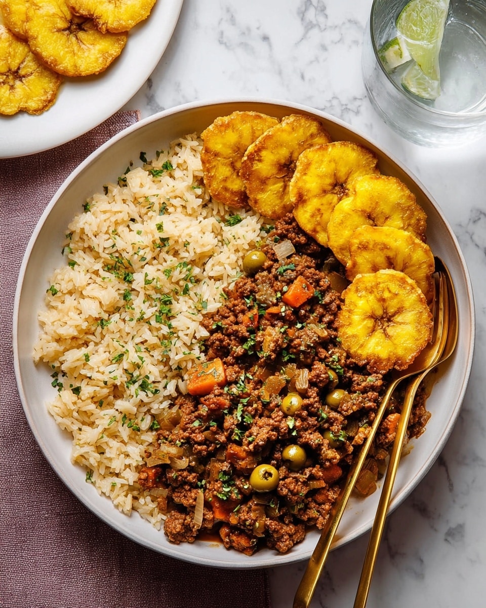 A black cast iron pan filled with a cooked dish containing browned ground meat mixed with small, cubed yellow potatoes, green olives, and finely chopped vegetables that include green peppers and onions. The dish is well mixed and slightly saucy, with a bay leaf visible on top, and sprinkled with finely chopped green herbs. A brass spoon rests inside the pan, partially scooping up the mixture. To the right edge, there is a white plate with a few round, golden, fried plantain slices. The setup is on a white marbled surface with a folded olive green cloth in the top left corner. Photo taken with an iphone --ar 4:5 --v 7