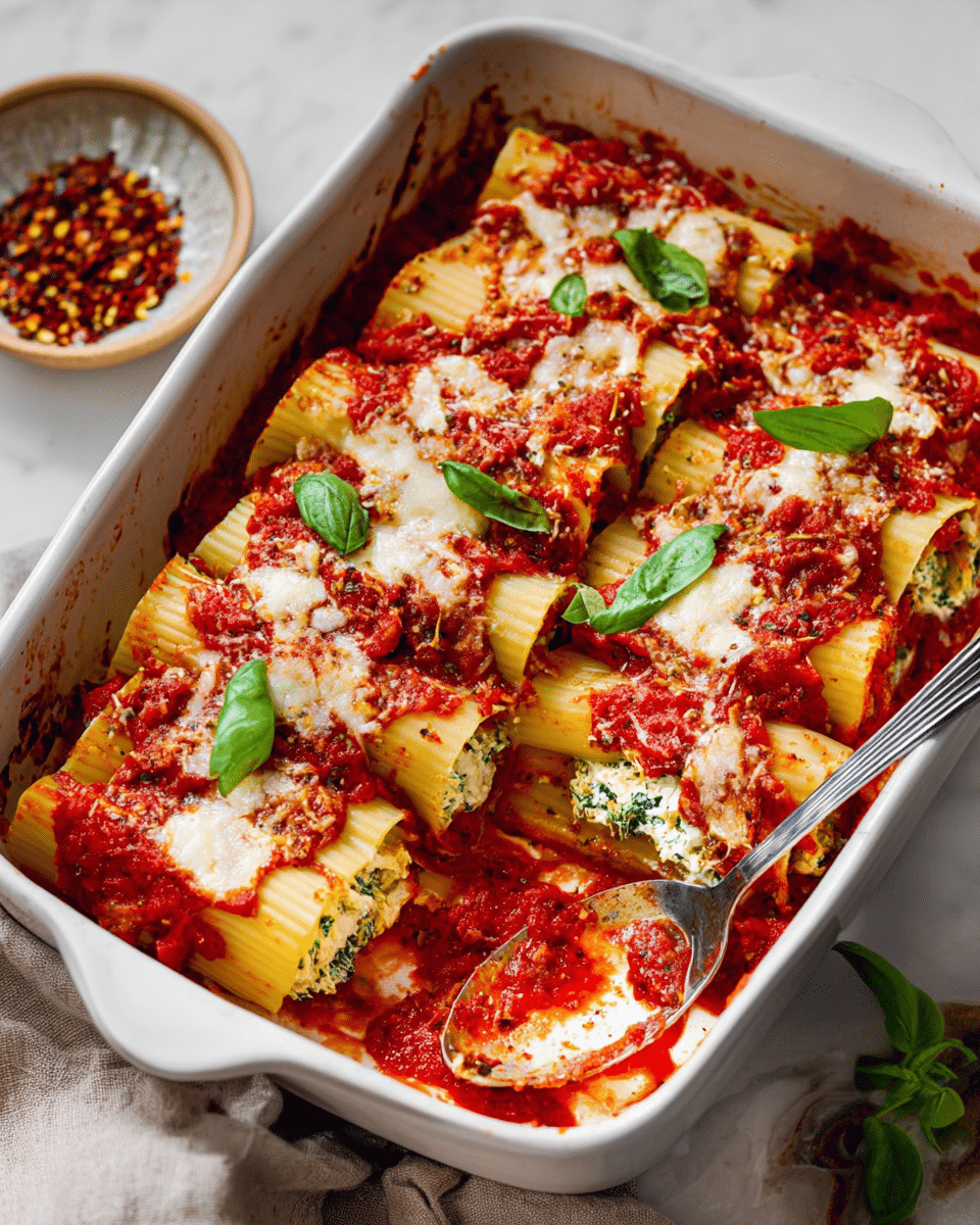 The image shows a white rectangular baking dish filled with rolled pasta layered with white cheese and green spinach inside, covered with a chunky bright red tomato sauce and melted white cheese on top. The pasta rolls are placed side by side, with some sauce spread unevenly around and partially on the sides of the dish. A few basil leaves add green color on top, and there is a large metal spoon resting inside the dish with some sauce on it. In the background, a small white bowl holds red chili flakes, all placed on a white marbled surface. Photo taken with an iphone --ar 4:5 --v 7