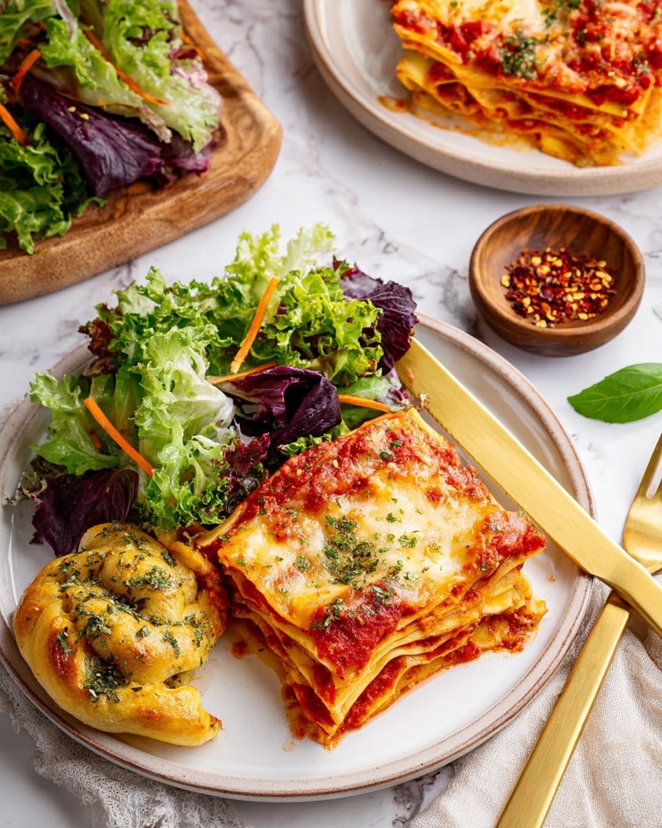 The image shows a white plate with a slice of lasagna that has multiple layers of pasta, red tomato sauce, melted yellow and white cheese, and some green herbs sprinkled on top. Next to the lasagna is a fresh green salad with leafy lettuce, purple cabbage, and thin orange carrot strips. At the bottom of the plate, there is a golden garlic knot covered with green herbs. A gold-colored knife and fork rest on the right side of the plate, placed on a white marbled surface. In the background, a second white plate with more lasagna is partly visible, and a small brown bowl with red chili flakes along with a green basil leaf is nearby. photo taken with an iphone --ar 4:5 --v 7